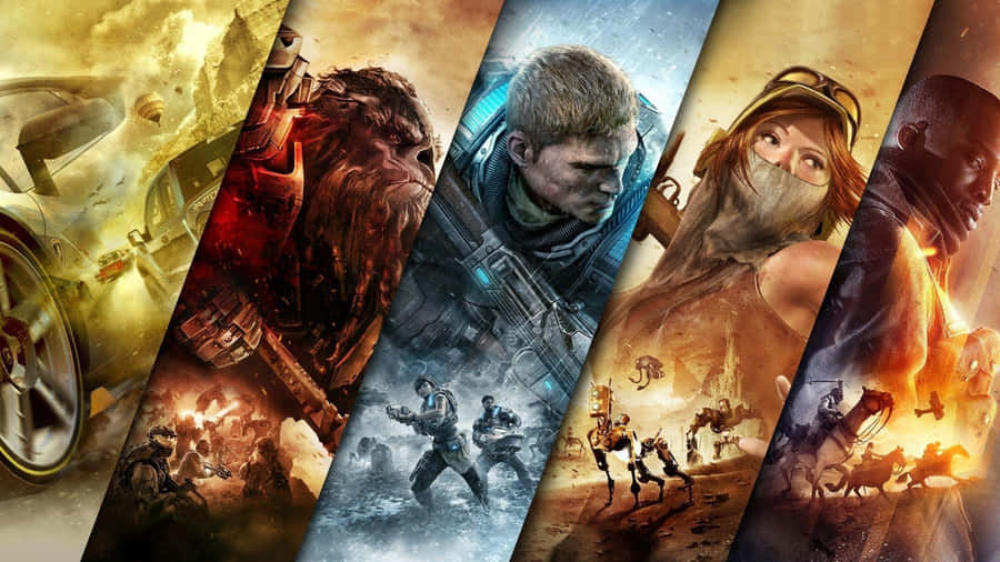 All Games 桌布 壁紙 — 六張斜向遊戲海報的動態拼貼，呈現戰士、怪物及未來場景，色調火熱與冰冷交織。