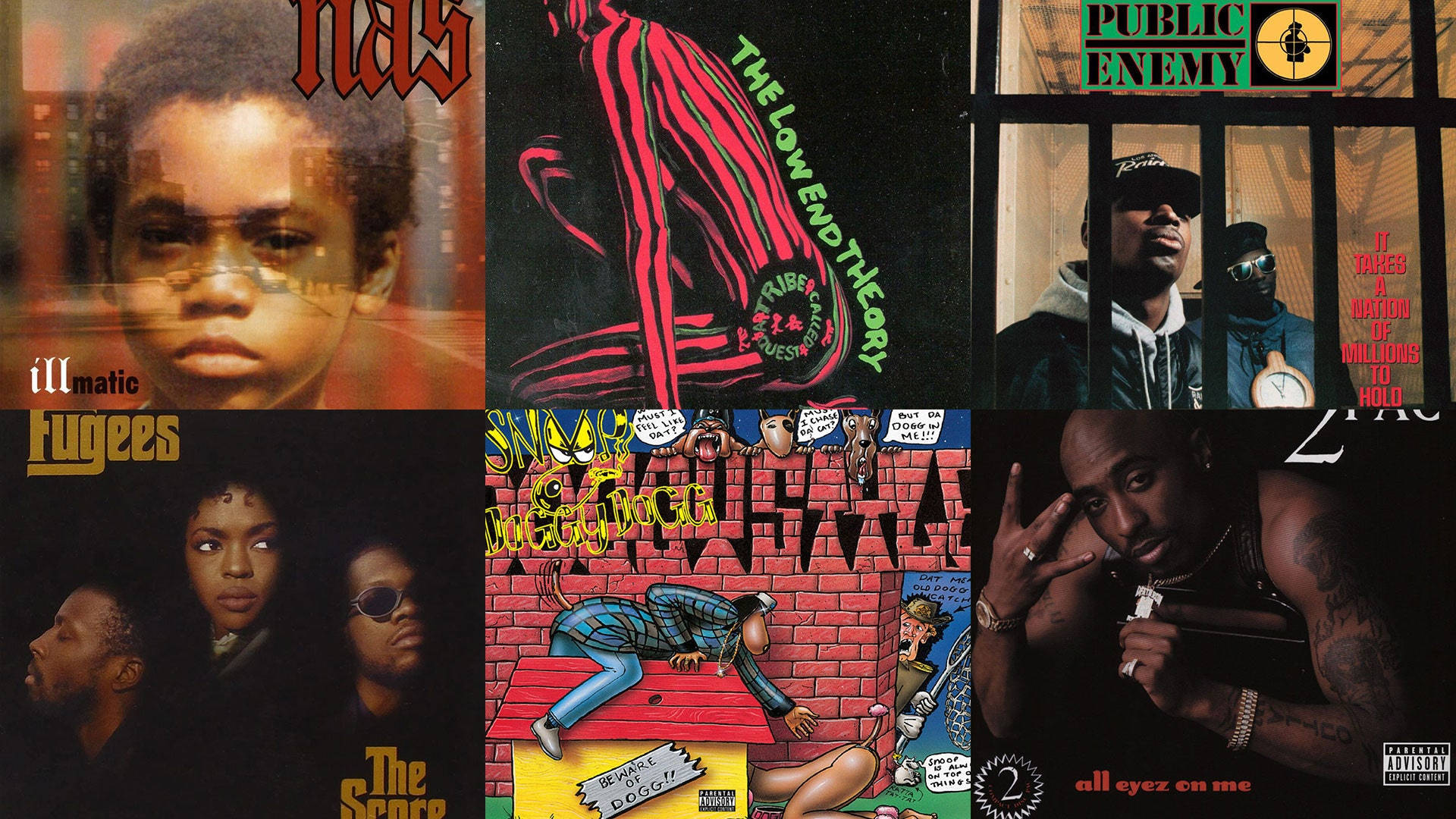 嘻哈 桌布 壁紙 — 六張標誌性嘻哈專輯封面的拼貼，包括 Nas、Public Enemy 和 Tupac 等藝人，具有大膽的圖形和粗獷的城市主題。