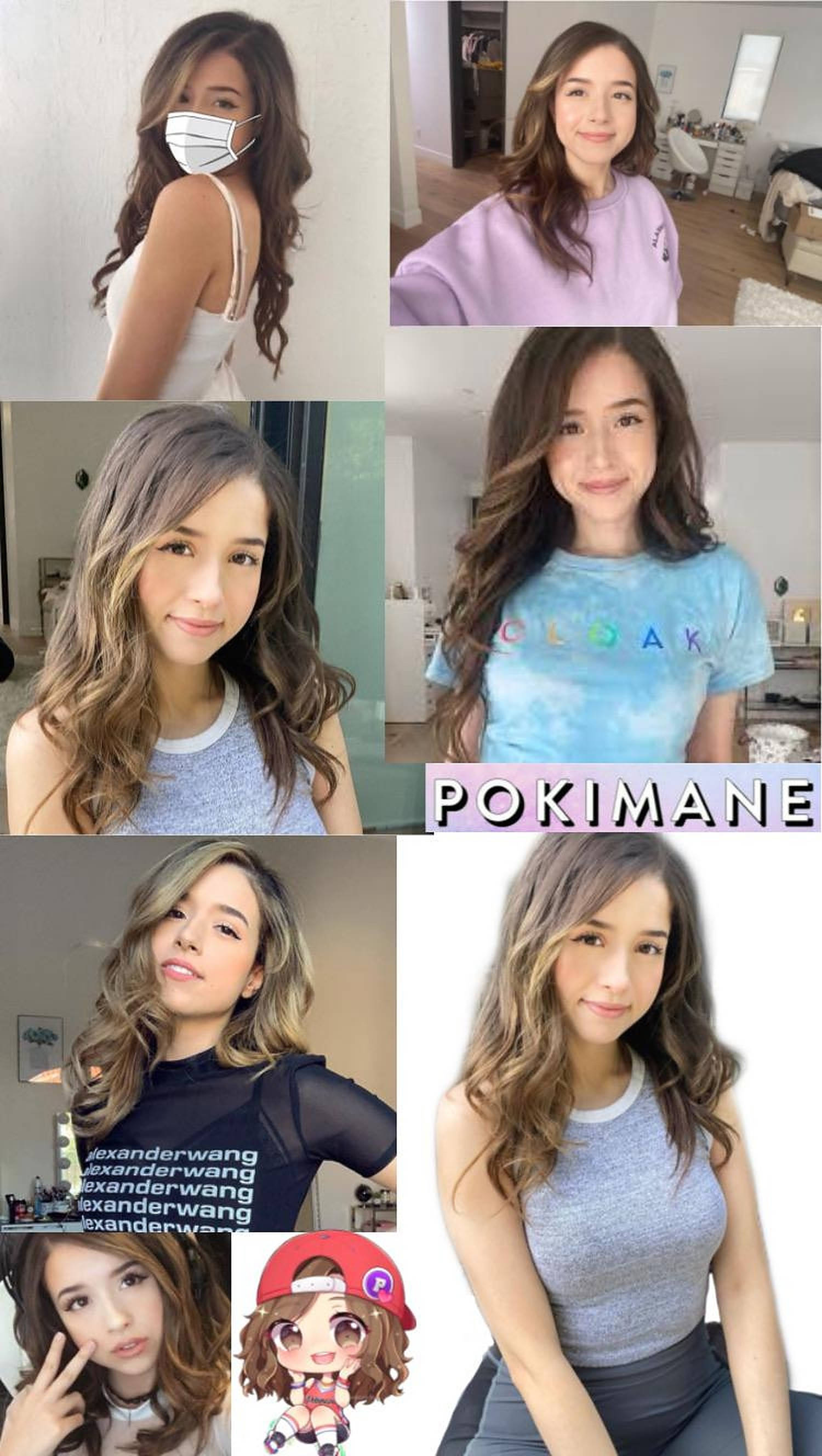 Pokimane 桌布 壁紙 — 六張照片的拼貼，展示 Pokimane 穿著不同服裝和姿勢，包括一個 Q 版動畫版本。