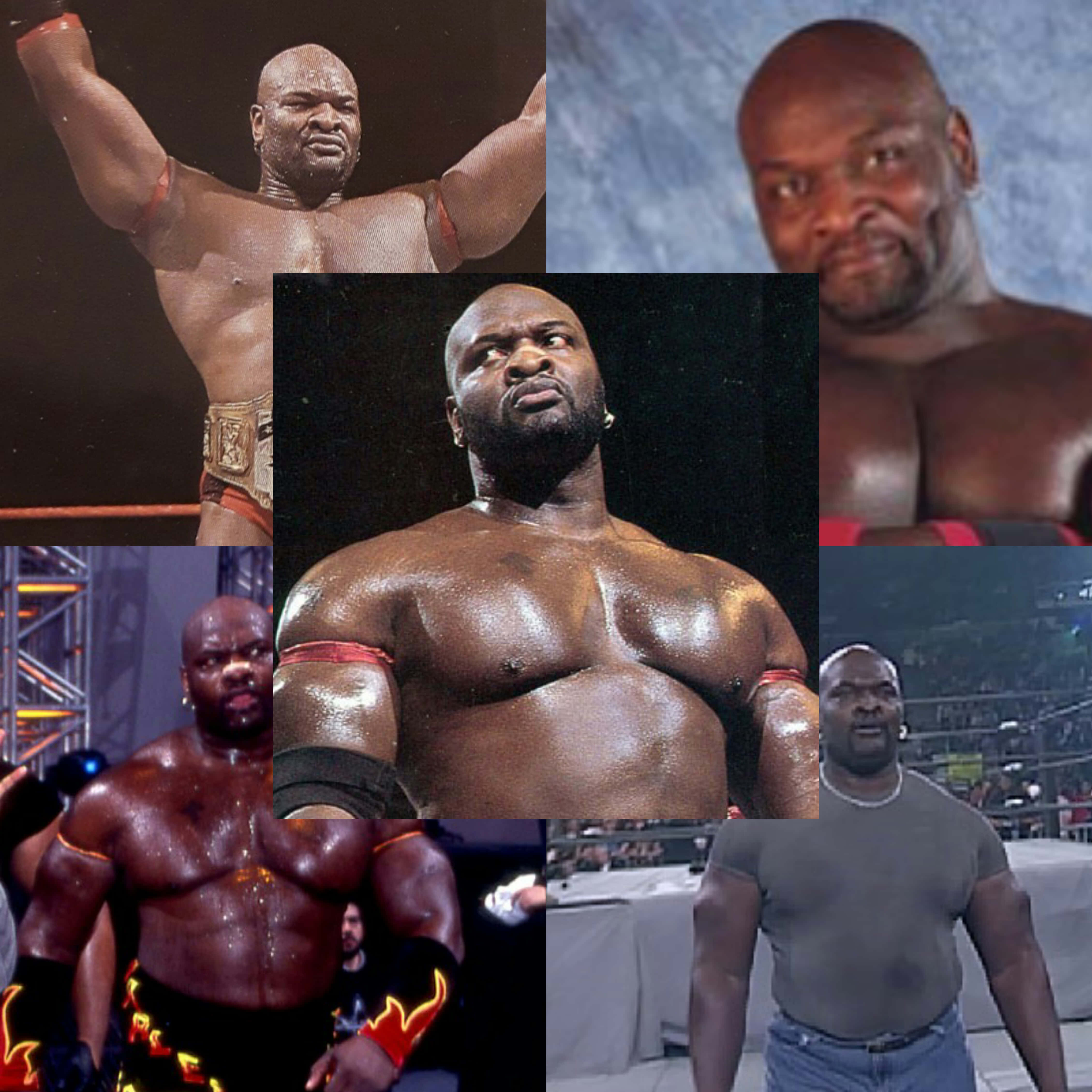 摔角 桌布 壁紙 — 六張照片的拼貼，展示肌肉發達的摔角手 Mark Henry 在摔角賽事中的各種姿勢和服裝。