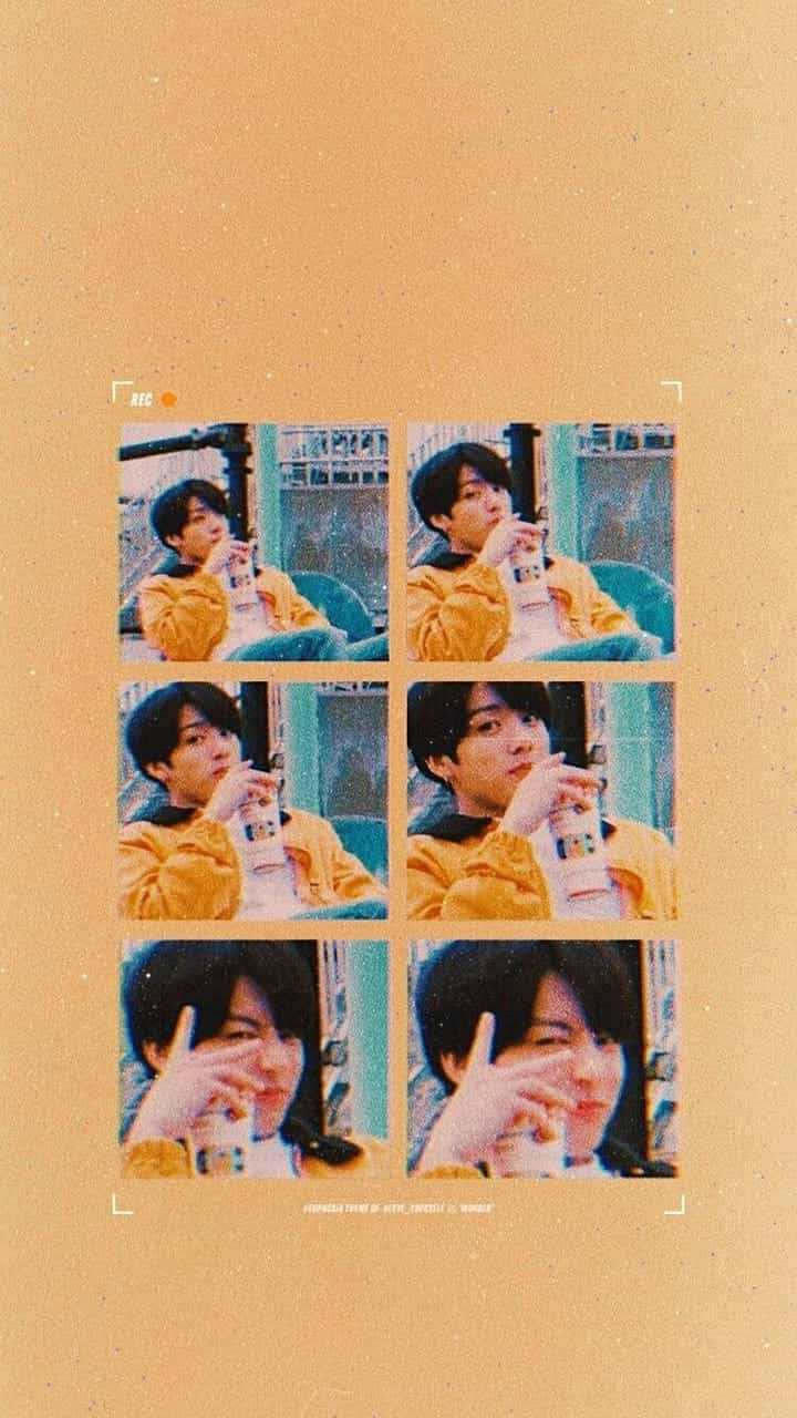 Jungkook Aesthetic 桌布 壁紙 — 六張照片的網格顯示一名穿著黃色連帽衫的年輕男子在藍綠色背景前從瓶子裡喝水並做出和平手勢。