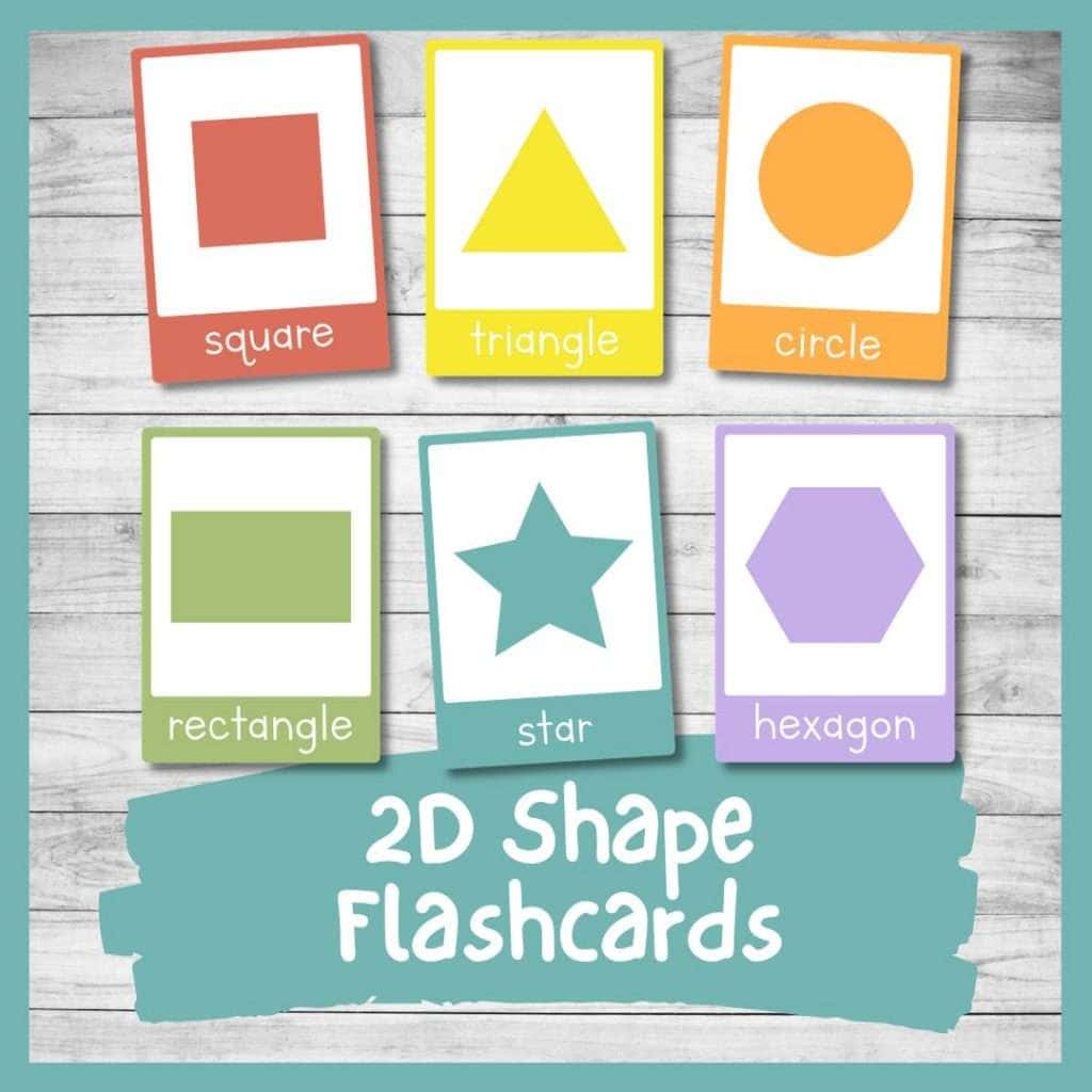 Shapes 桌布 壁紙 — 六張色彩繽紛的2D形狀閃卡，標有正方形、三角形、圓形、長方形、星形、六邊形，排列在淺色木紋背景上。