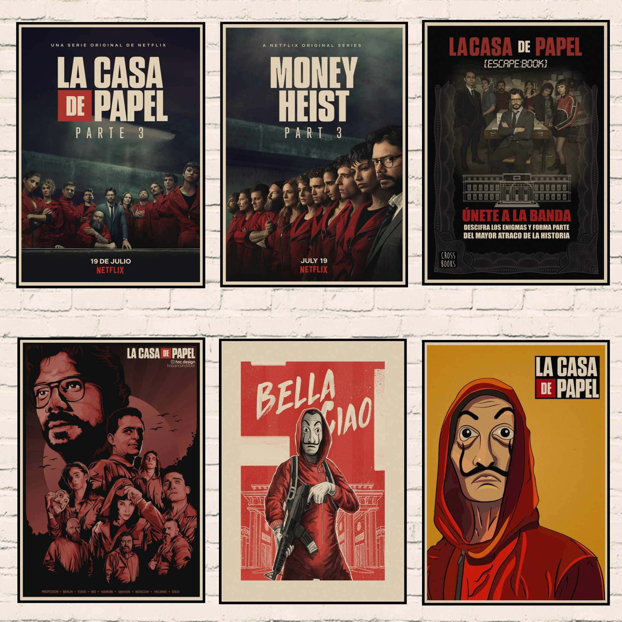 Money Heist Mask 桌布 壁紙 — 六張風格化的《紙房子》和《紙鈔屋》海報掛在白色磚牆上， featuring 角色穿著紅色連身衣和標誌性圖像。
