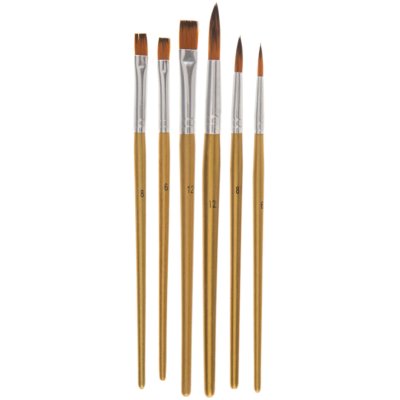 Paint Brush 桌布 壁紙 — 六支帶有木柄和銀色金屬箍的藝術家畫筆，直立於潔白背景前。