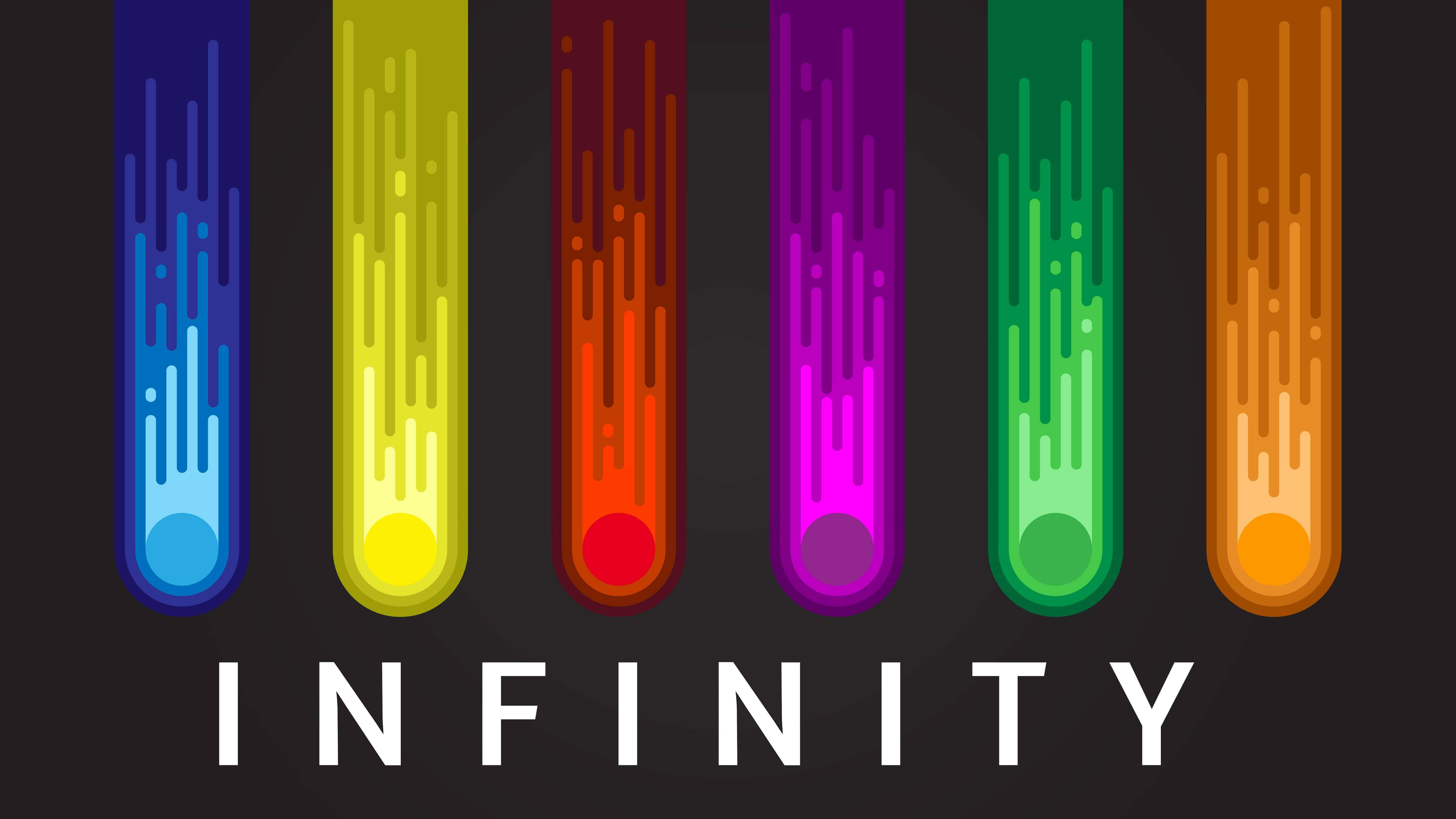 Infinity Gems 桌布 壁紙 — 六支發光的試管裝滿鮮豔的液體顏色，在深色背景上滴落，下方有infinity這個詞。