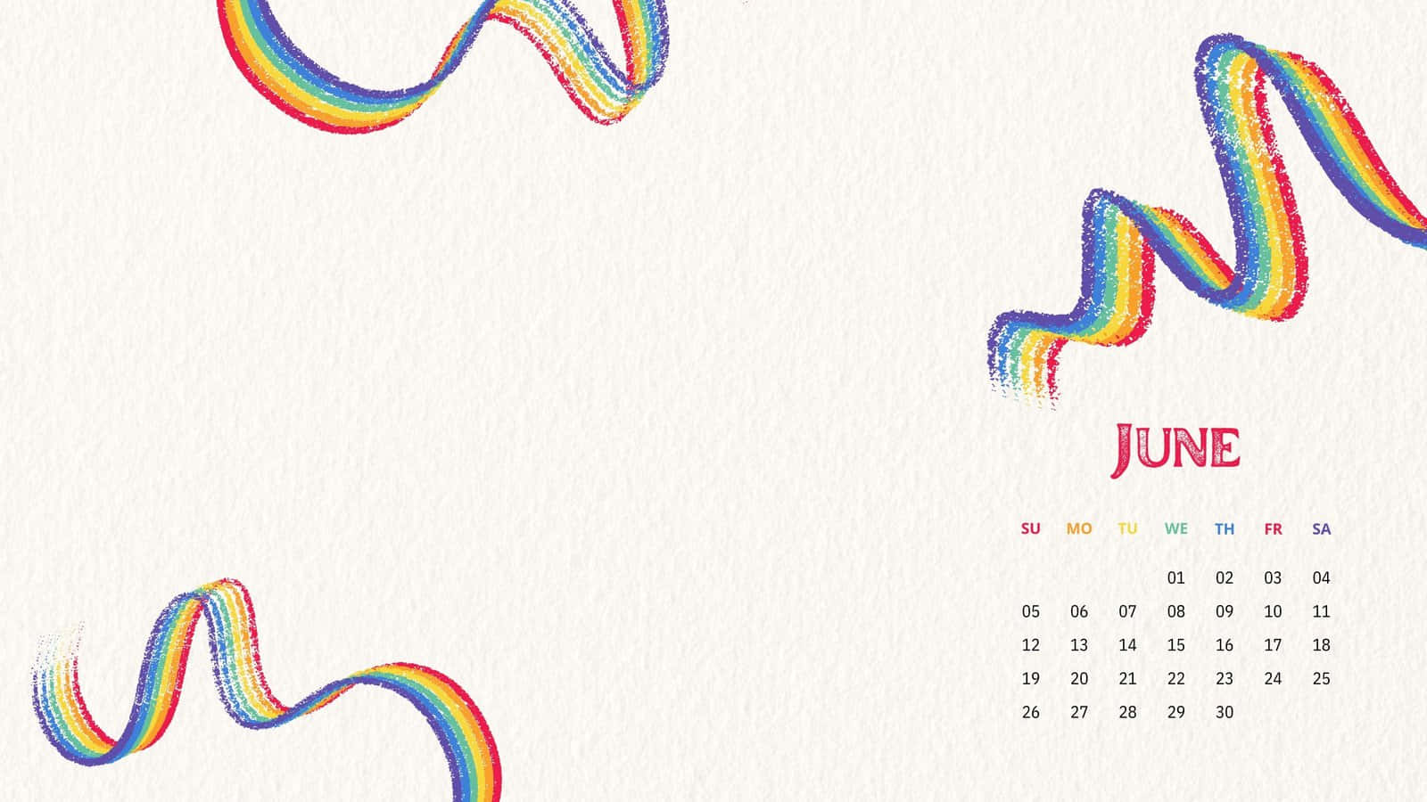 Aesthetic Lgbt Rainbow 桌布 壁紙 — 六月日曆，鮮豔的彩虹筆觸絲帶在帶紋理的米白色紙張上旋轉。