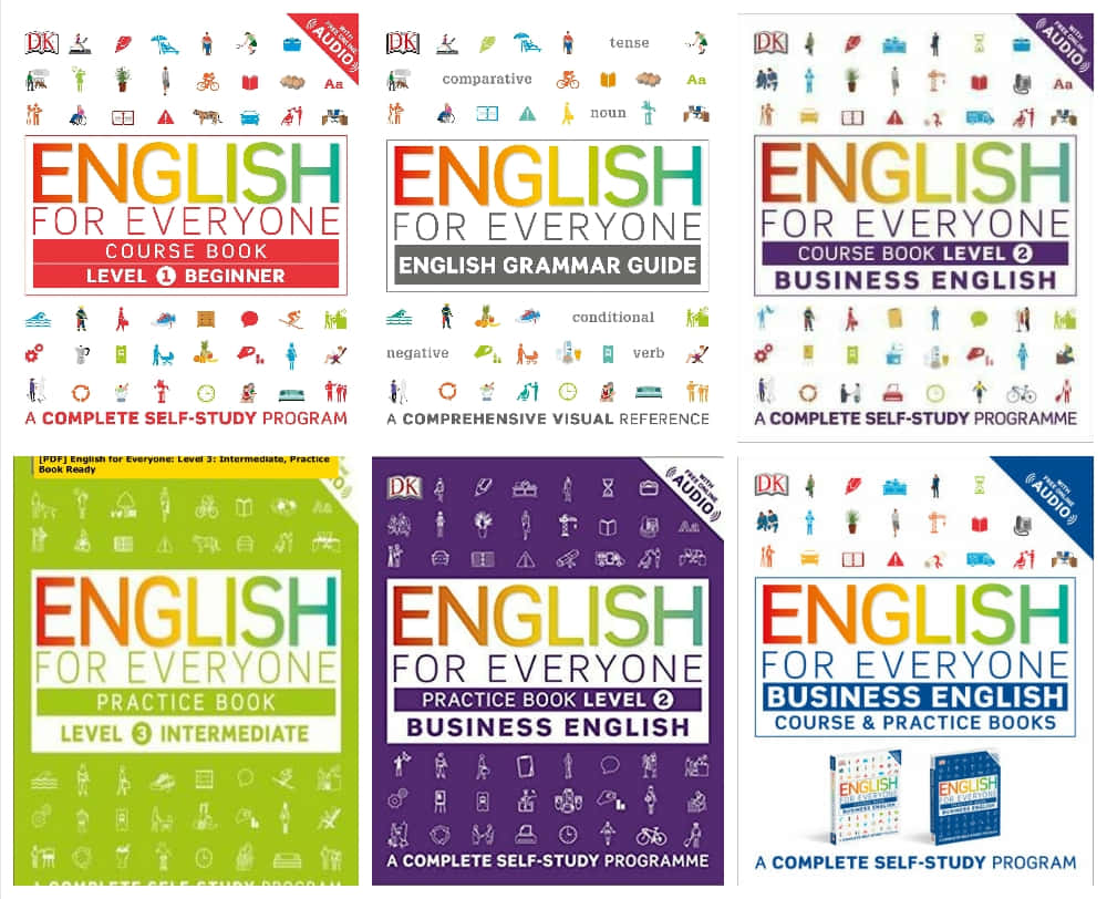 Learning 桌布 壁紙 — 六本色彩繽紛的English for Everyone書籍封面，展示從初學者到商業英語的學習等級，配有圖標網格和音頻功能。