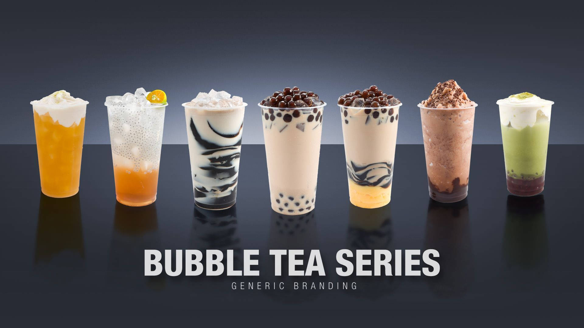 Bubble 桌布 壁紙 — 六杯色彩繽紛的珍珠奶茶，搭配各種配料和顏色，排列在深色反光表面上。