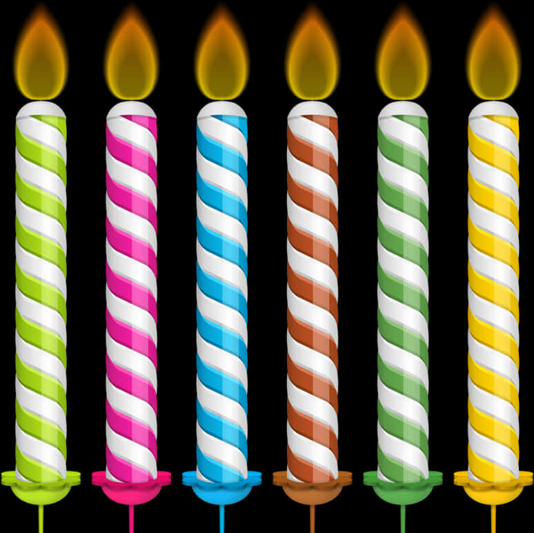 剪貼畫 桌布 壁紙 — 六枝彩色螺旋生日蠟燭，點燃的火焰在黑色背景前。