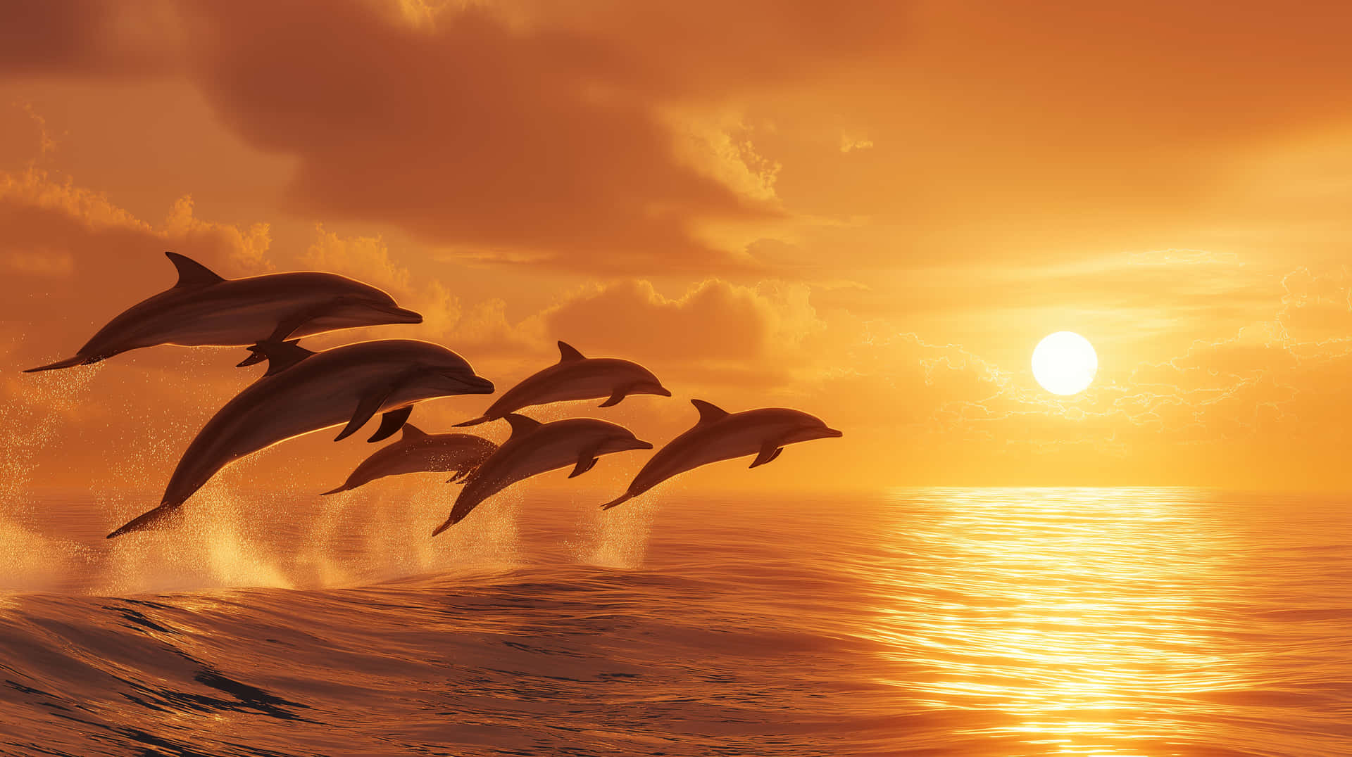 Pod of Dolphins Leaping Over Ocean at Golden Hour Sunset 壁紙 — 六條海豚從金色海浪中一齊躍起，夕陽在牠們身後落下，散發出溫暖的橙色光芒。