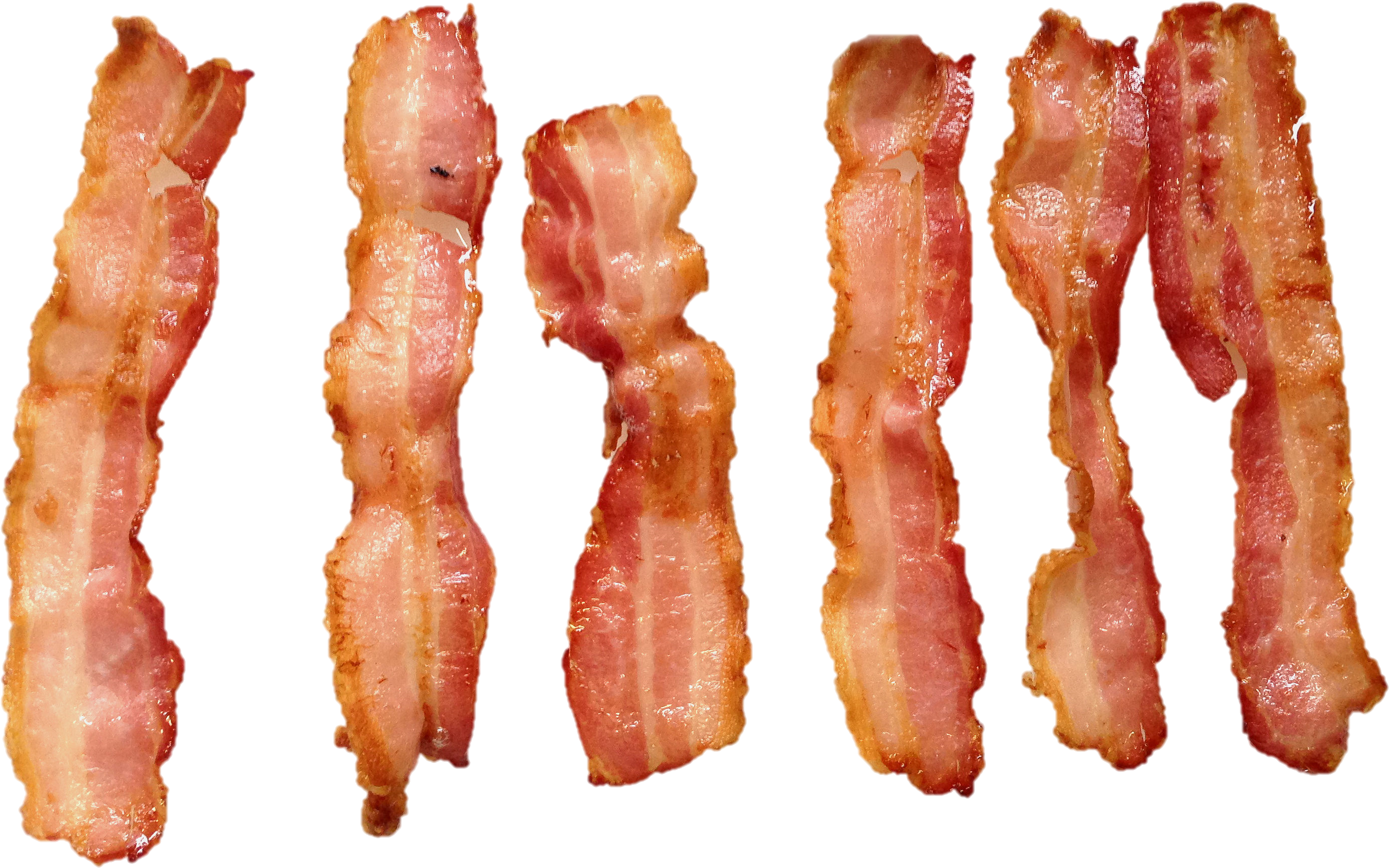 bacon 桌布 壁紙 — 六條香脆煮熟的培根條垂直排列在純黑背景上，展示它們閃亮的脂肪和粉紅色的肉。