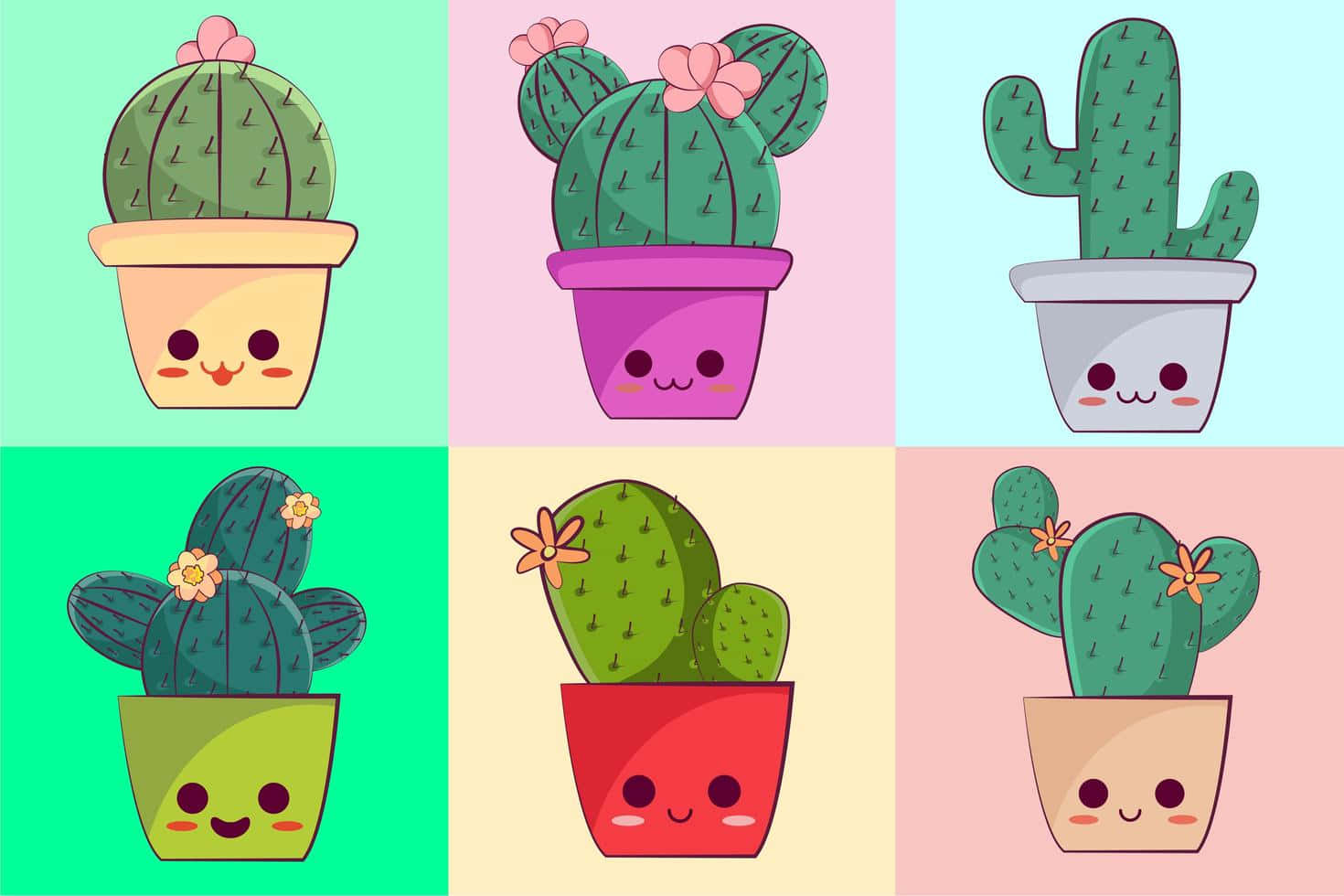 Kawaii Cactus 桌布 壁紙 — 六棵可愛仙人掌，帶有笑臉和花朵，放在色彩繽紛的花盆中，背景為柔和色調。