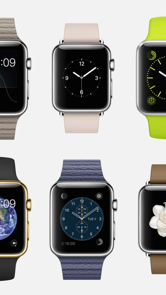 六款 Apple Watch 配以不同錶帶及錶面，在白色背景上展示。 — Apple Watch 動態 壁紙