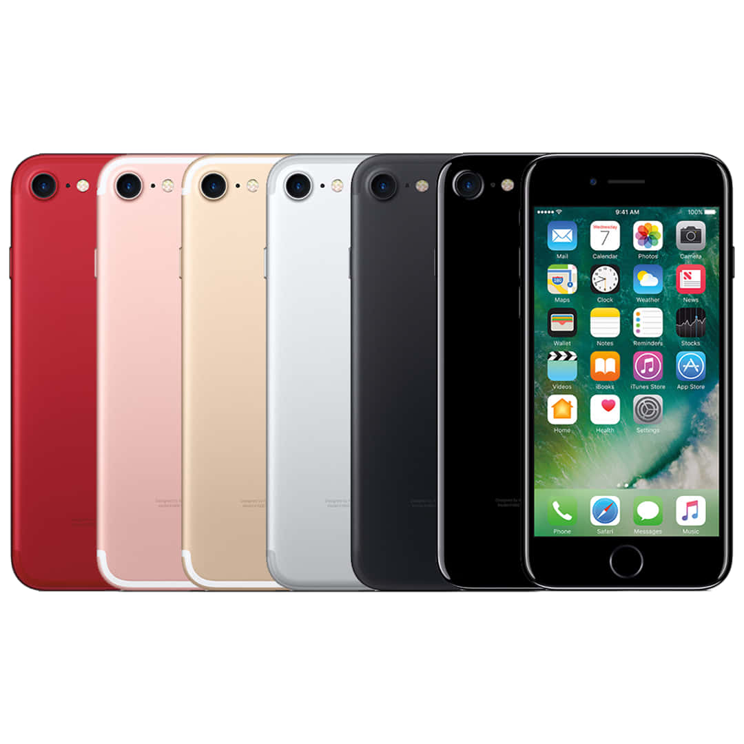 Apple Phone 桌布 壁紙 — 六款 iPhone 7 型號，包括紅色、粉紅色、金色、銀色、黑色和太空灰，其中一部顯示主畫面。