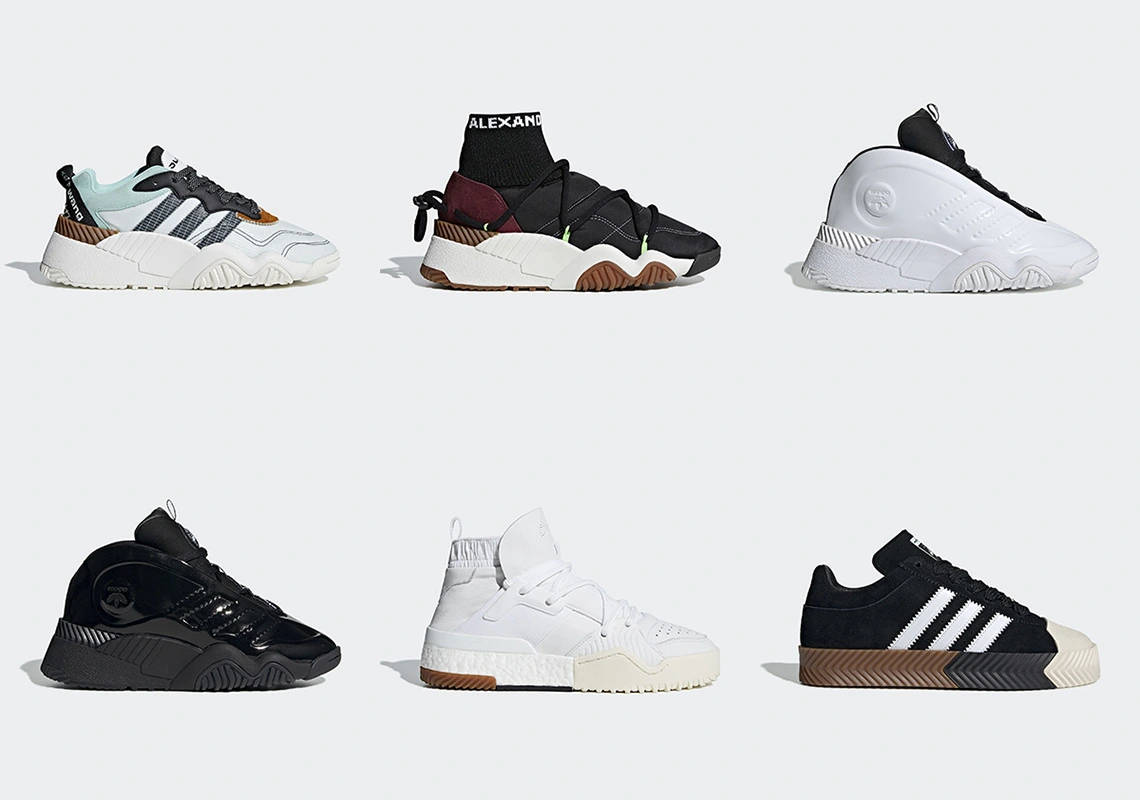 Alexander Wang 桌布 壁紙 — 六款不同的 Adidas 運動鞋，以多種配色和風格展示在乾淨的白色背景上。