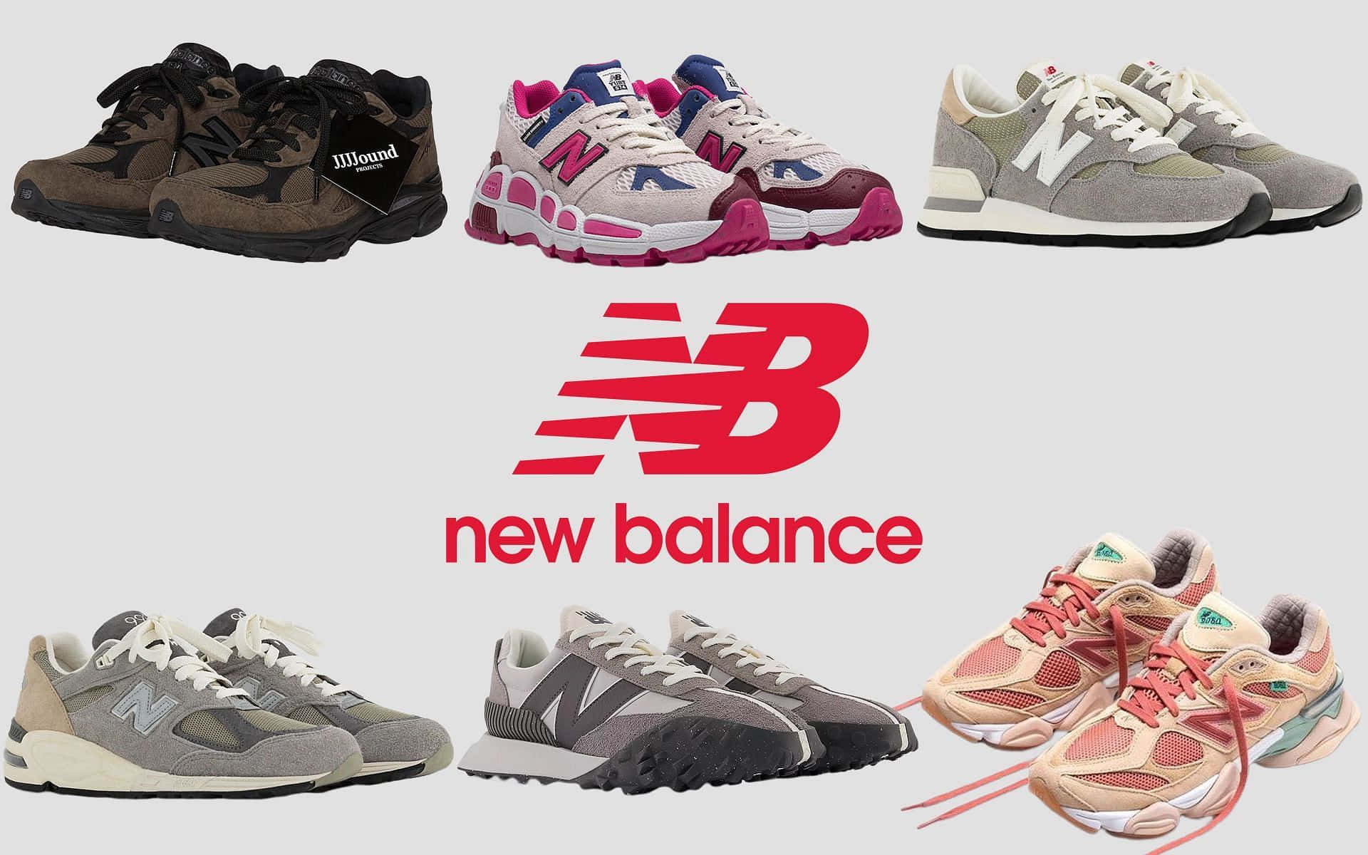 New Balance 桌布 壁紙 — 六款不同的 New Balance 運動鞋型號展示在品牌標誌周圍，背景為純色。