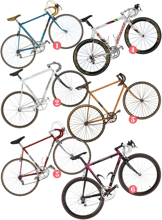 Best Bikes 桌布 壁紙 — 六款不同顏色的公路自行車，以編號標籤展示在潔白背景上。