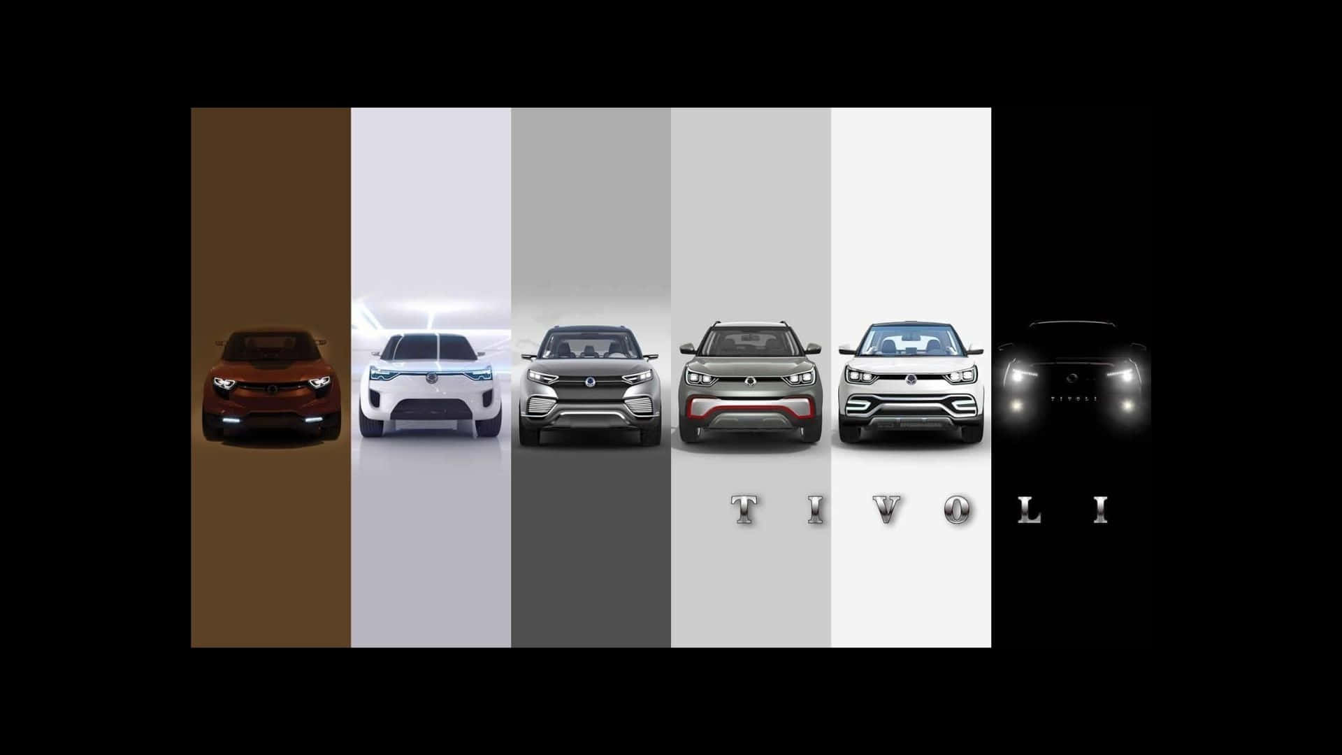 Ssangyong 桌布 壁紙 — 六款不同顏色的時尚SUV展示在漸變背景上，下方有品牌名稱TIVOLI。