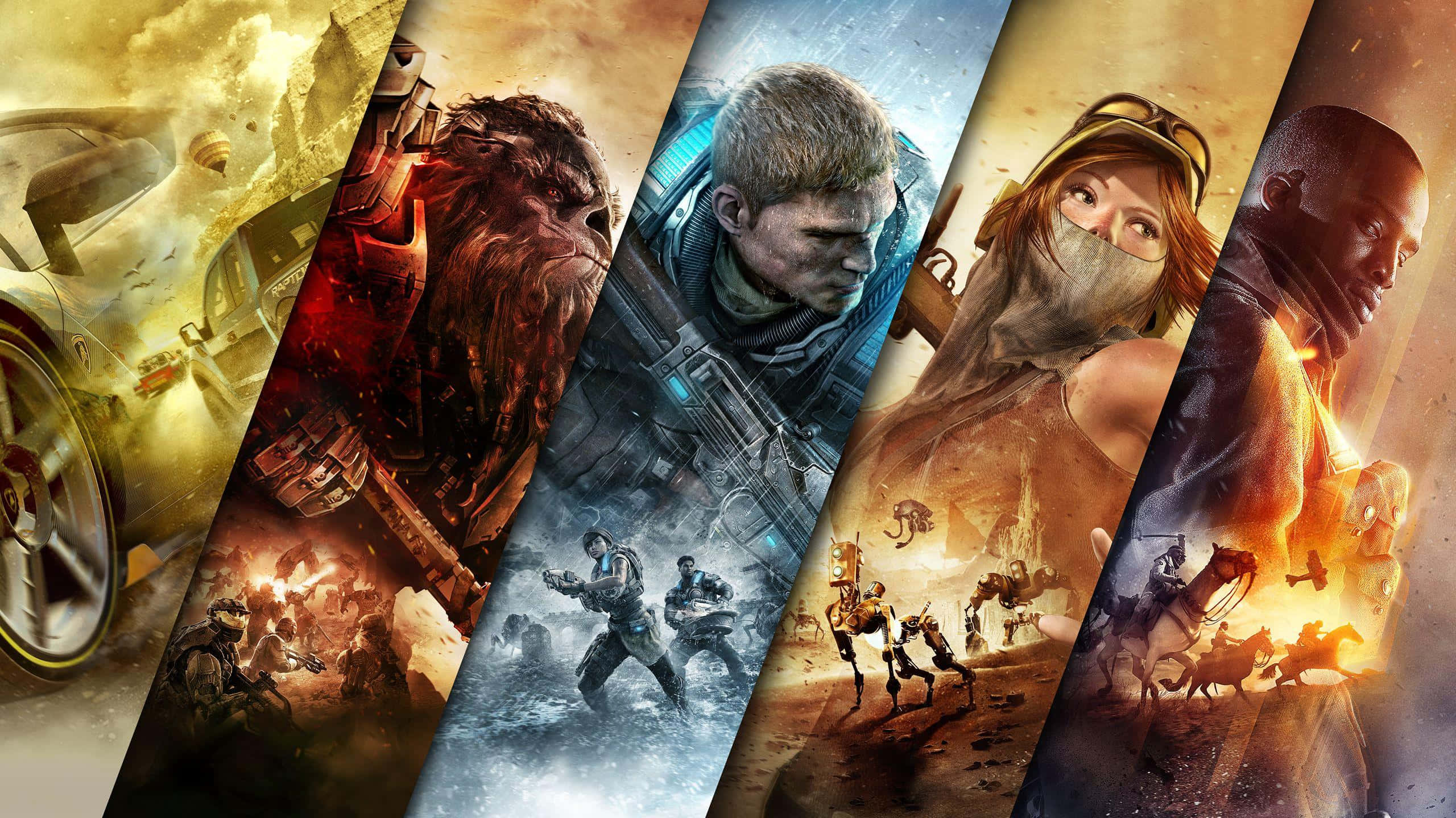 Xbox Games 桌布 壁紙 — 六款史詩級電子遊戲封面的動態斜角拼貼， featuring 戰士、怪物和科幻英雄在戲劇性的動作場景中。
