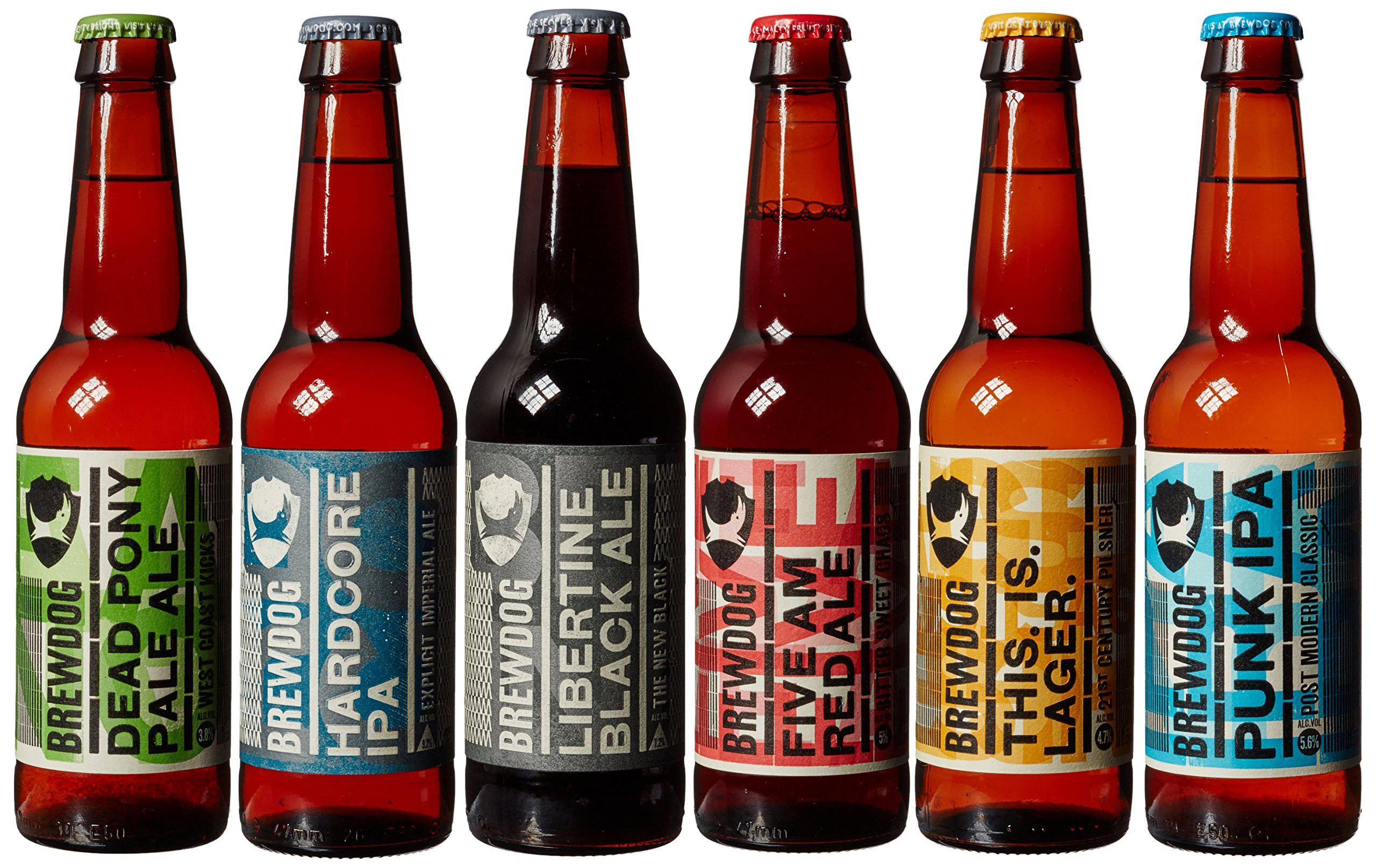 Drink 桌布 壁紙 — 六款色彩繽紛的BrewDog啤酒瓶排列在白色背景前，展示大膽的標籤和多種麥芽酒類型。