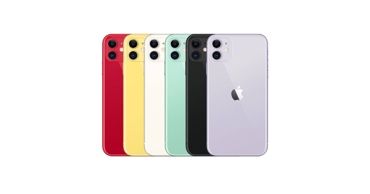 iPhone 11 桌布 壁紙 — 六款色彩繽紛的iPhone 11型號排成一排，在純白背景上展示其鮮豔的背面和雙鏡頭系統。