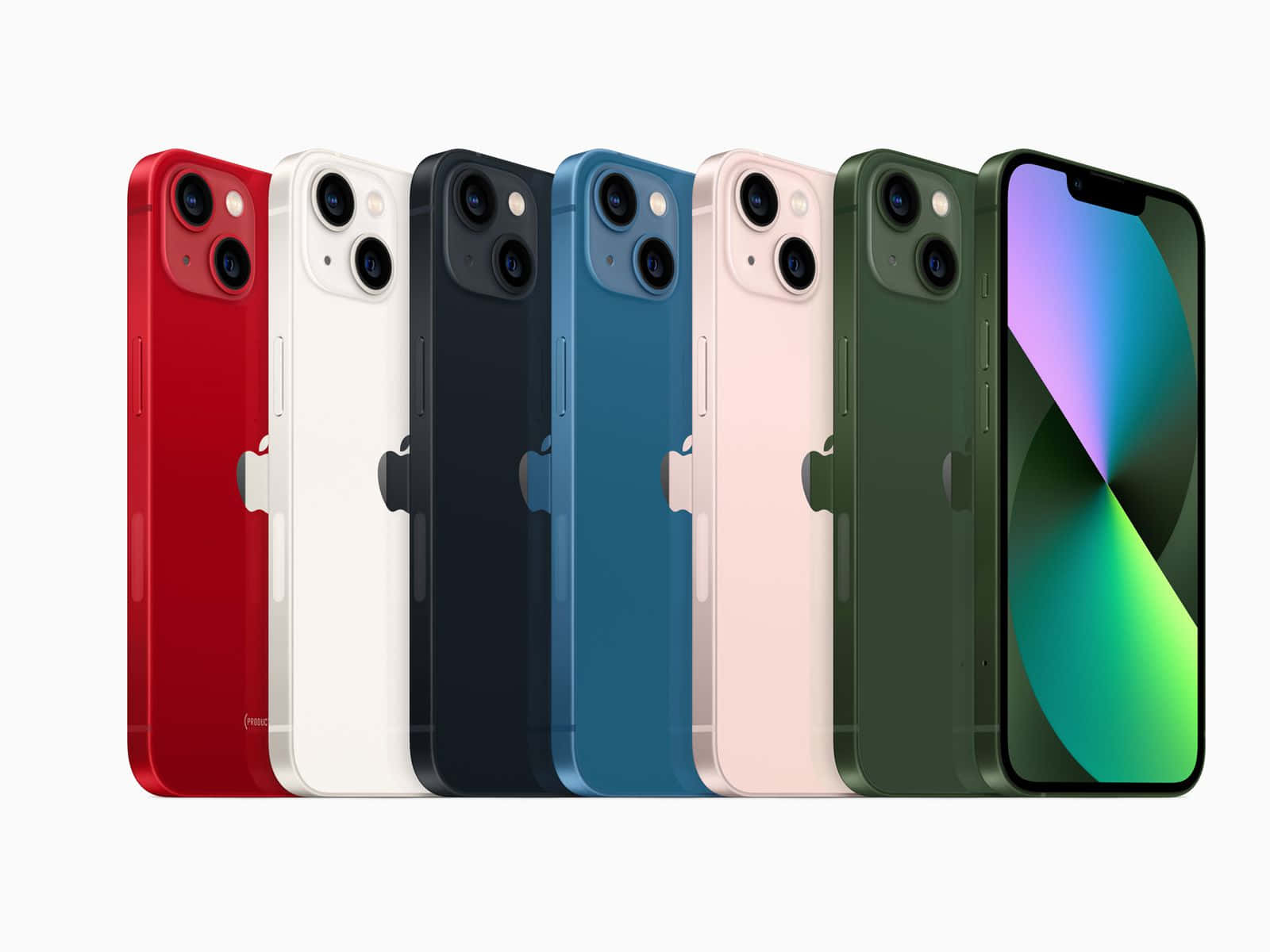 iPhone 桌布 壁紙 — 六款色彩繽紛的iPhone 13型號排列展示，顯示後置相機和一個帶漸變顯示屏的前屏幕。