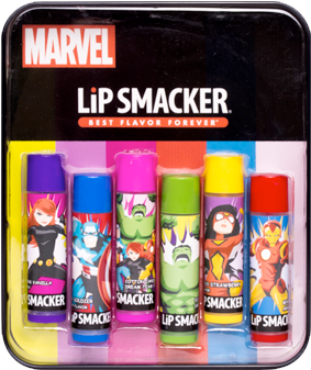 Lip Gloss 桌布 壁紙 — 六款色彩繽紛的Marvel主題Lip Smacker潤唇膏，裝在透明塑膠包裝內，帶有醒目的漫畫角色設計。