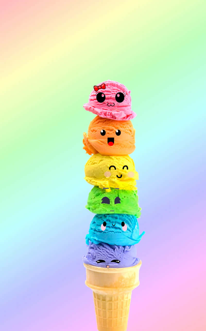 cute pastel colors 桌布 壁紙 — 六球彩虹色冰淇淋，上面有可愛卡通臉孔，堆疊在甜筒上，背景是柔和粉彩色漸變。