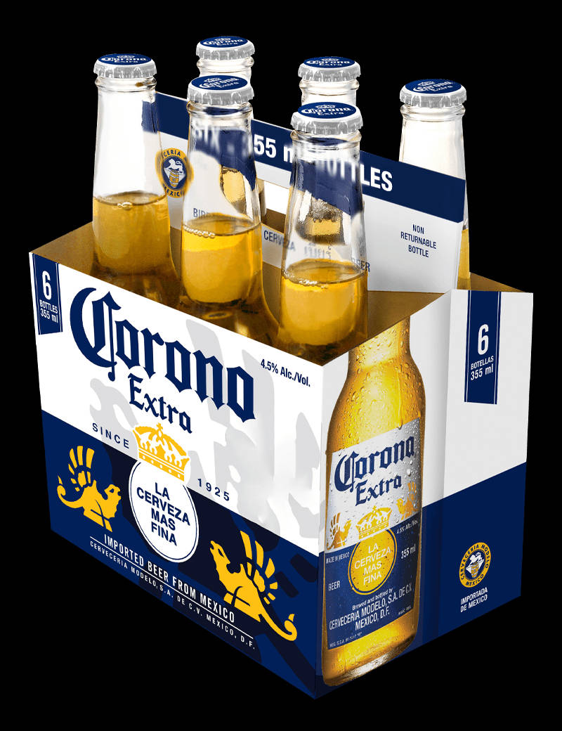 corona 桌布 壁紙 — 六瓶Corona Extra啤酒放在一個藍白紙板提架上，背景為黑色。