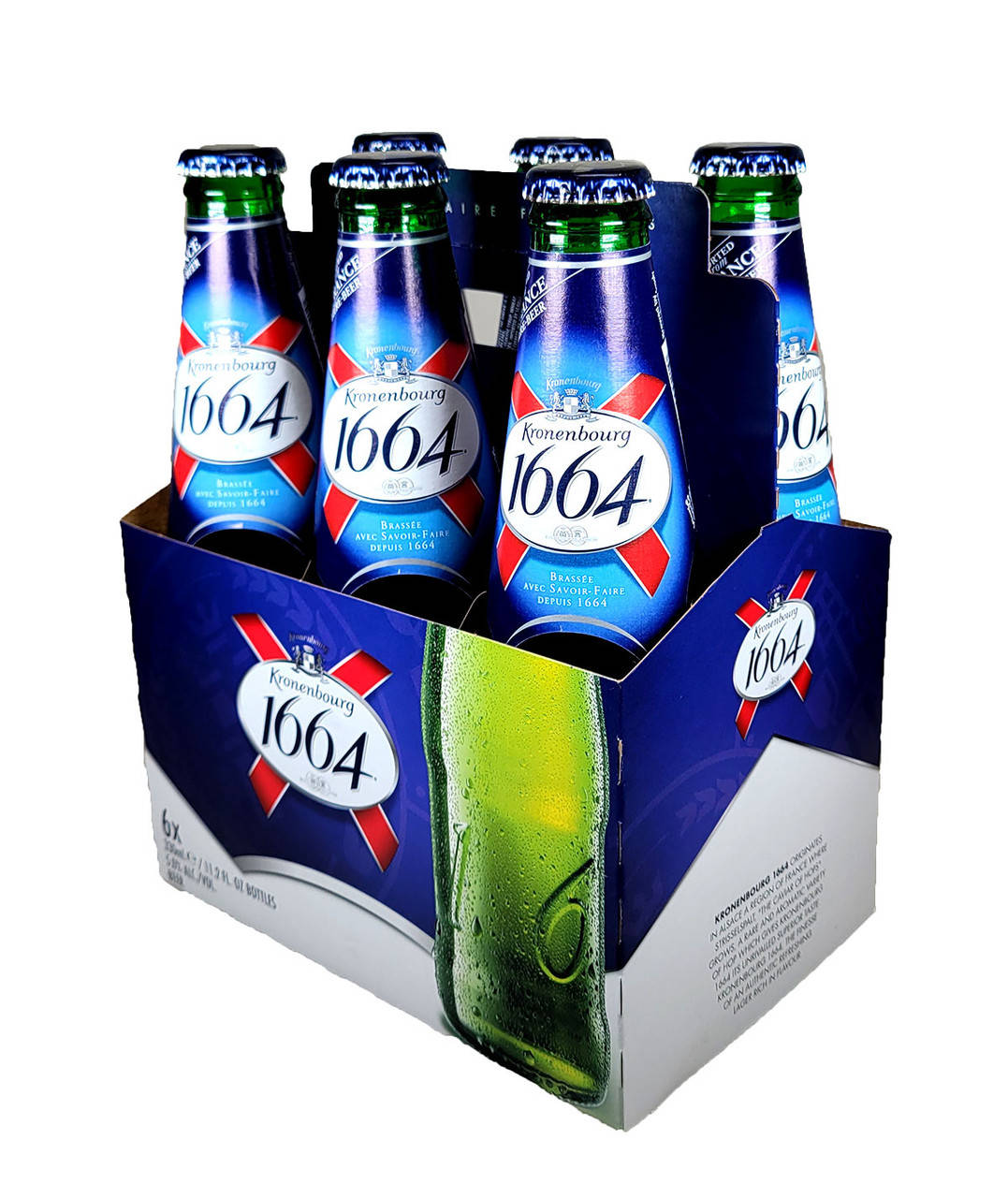 Beer 桌布 壁紙 — 六瓶Kronenbourg 1664啤酒放在有品牌的紙板托架上，其中一瓶有冷凝水。