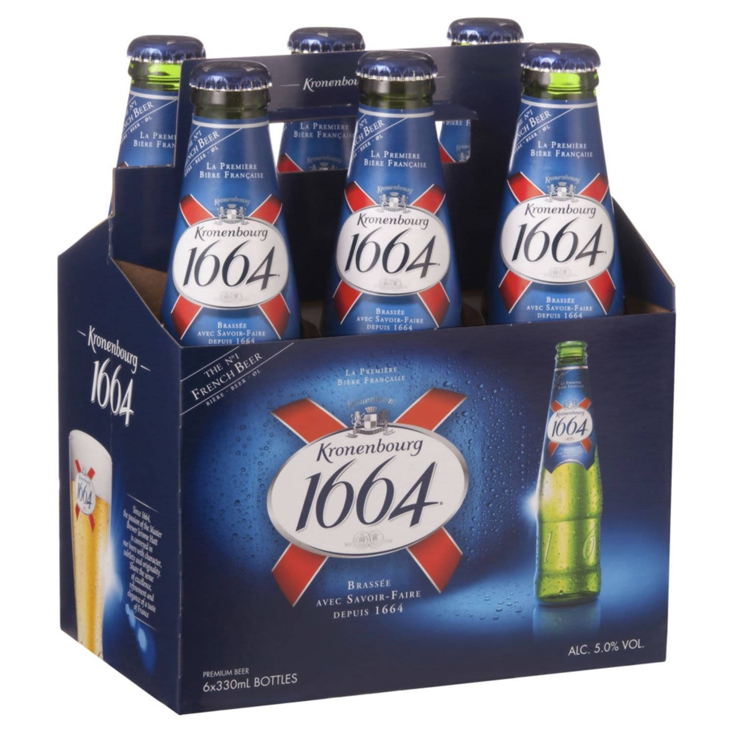 Beer Bottle 桌布 壁紙 — 六瓶Kronenbourg 1664啤酒，裝在一個藍色紙板提架中，帶有紅白品牌標識和冷凝水滴。