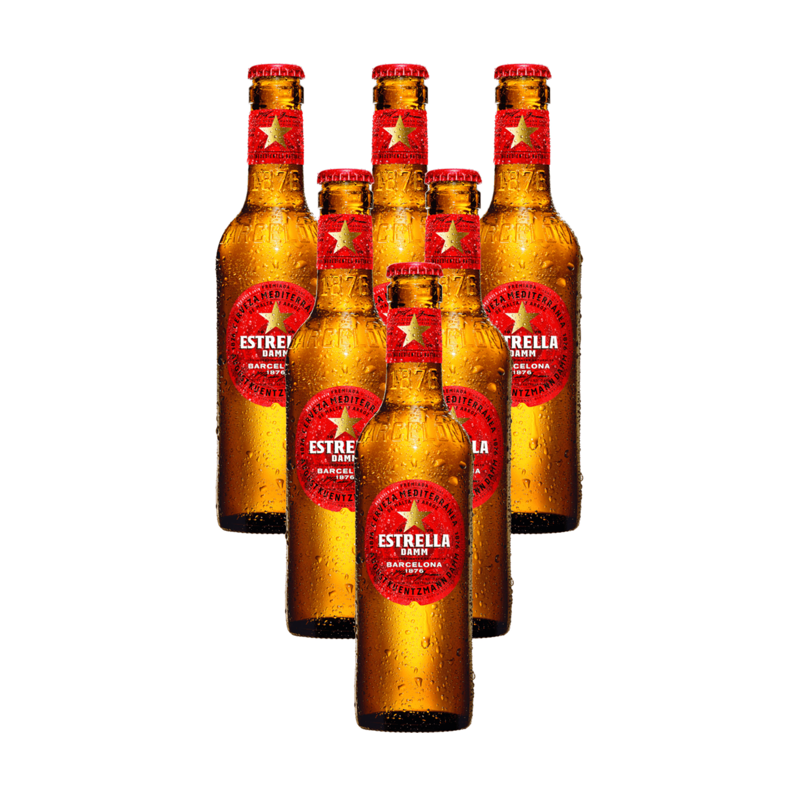 Beer 桌布 壁紙 — 六瓶冰鎮的Estrella Damm啤酒瓶在純白背景上閃爍著冷凝水珠。
