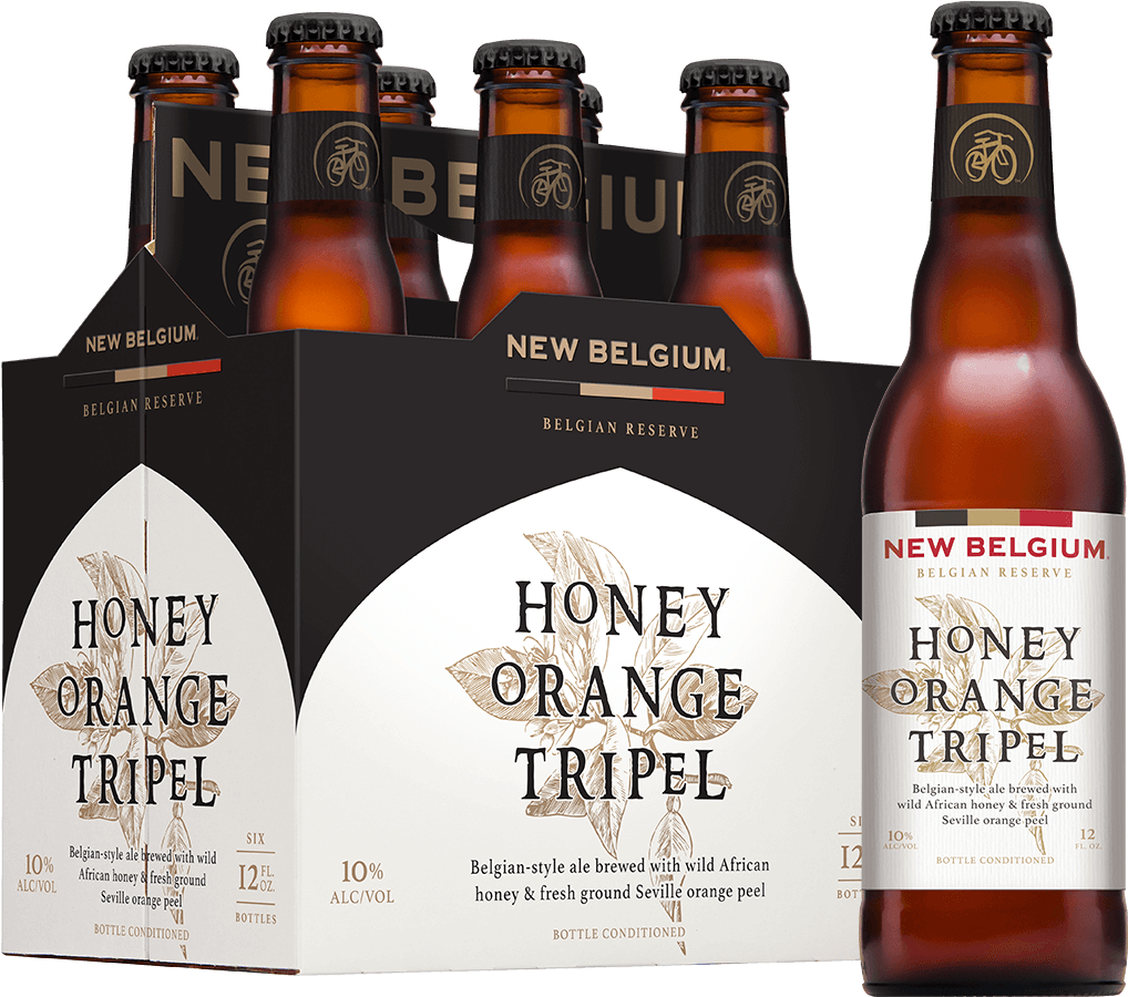 比利時 桌布 壁紙 — 六瓶琥珀色的 New Belgium Honey Orange Tripel 啤酒，裝在帶有金箔裝飾的黑白紙板提架中。