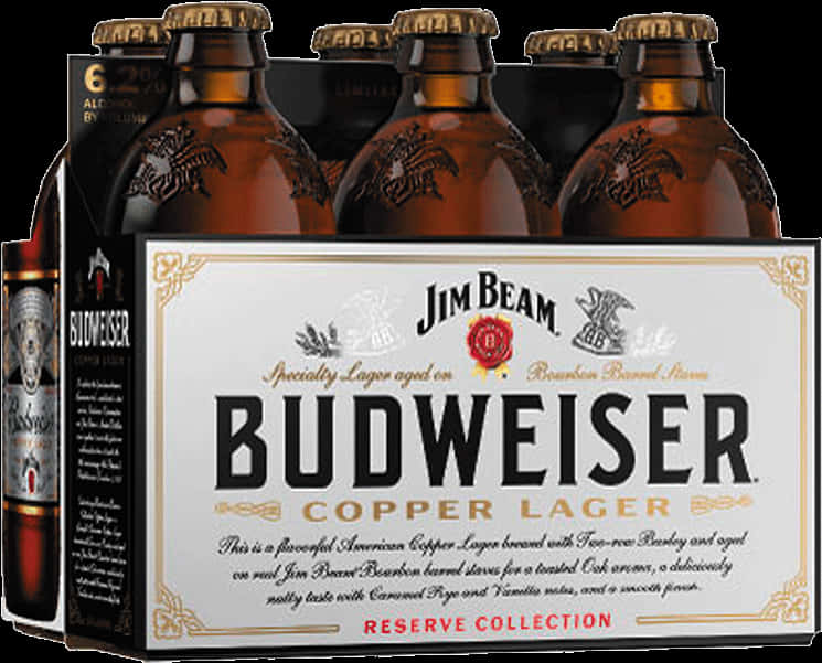 Beer 桌布 壁紙 — 六瓶裝Budweiser Copper Lager啤酒，琥珀色玻璃瓶身，標籤詳細說明波本桶陳釀。