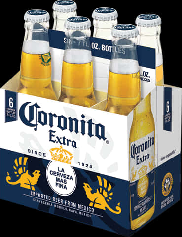Beer 桌布 壁紙 — 六瓶金色Corona Extra啤酒玻璃瓶放在有品牌的紙板托架上，背景為黑色。