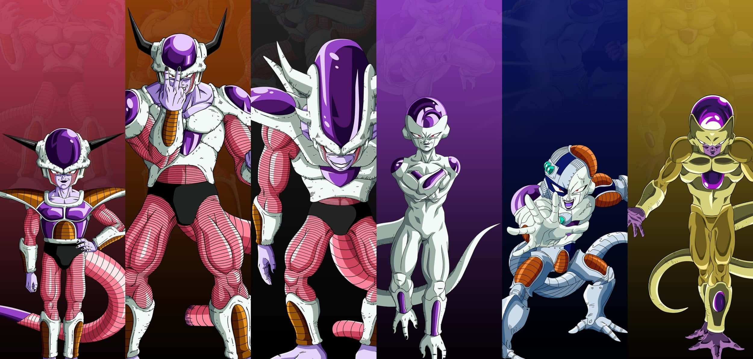 龍珠Z 桌布 壁紙 — 六種不同形態的動漫角色弗利沙（Frieza）排成一排，站在彩色背景前，展示他從粉紅色到金色的演變。