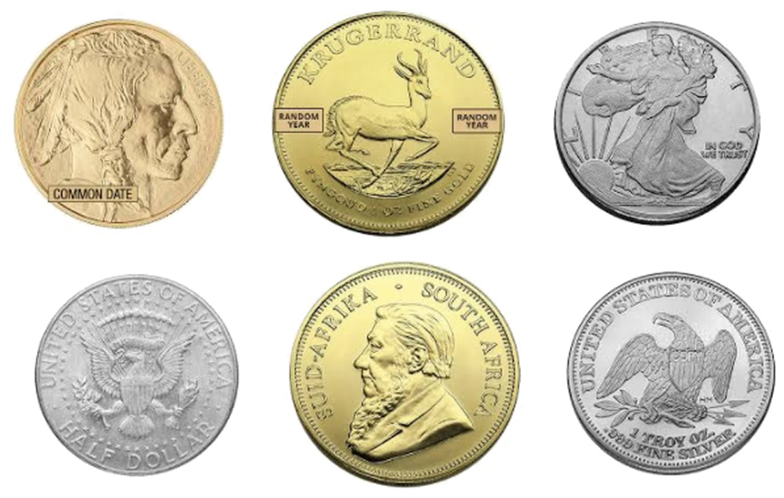 Coin 桌布 壁紙 — 六種不同的紀念幣，包括美國鷹和克魯格蘭德設計，在純黑色背景上展示。