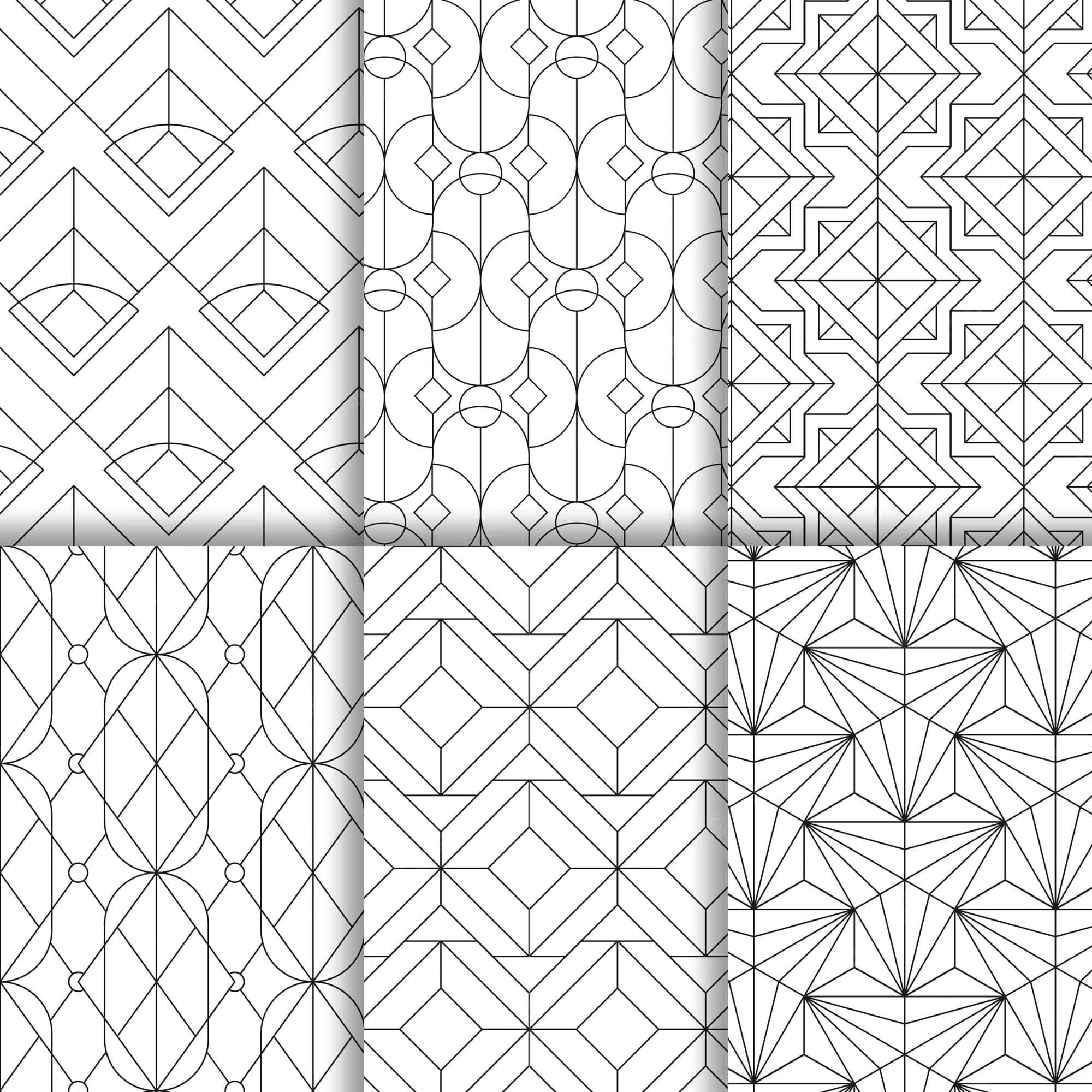 Geometric Pattern 桌布 壁紙 — 六種不同的黑白幾何圖案，線條清晰，形狀重複，排列成網格狀。