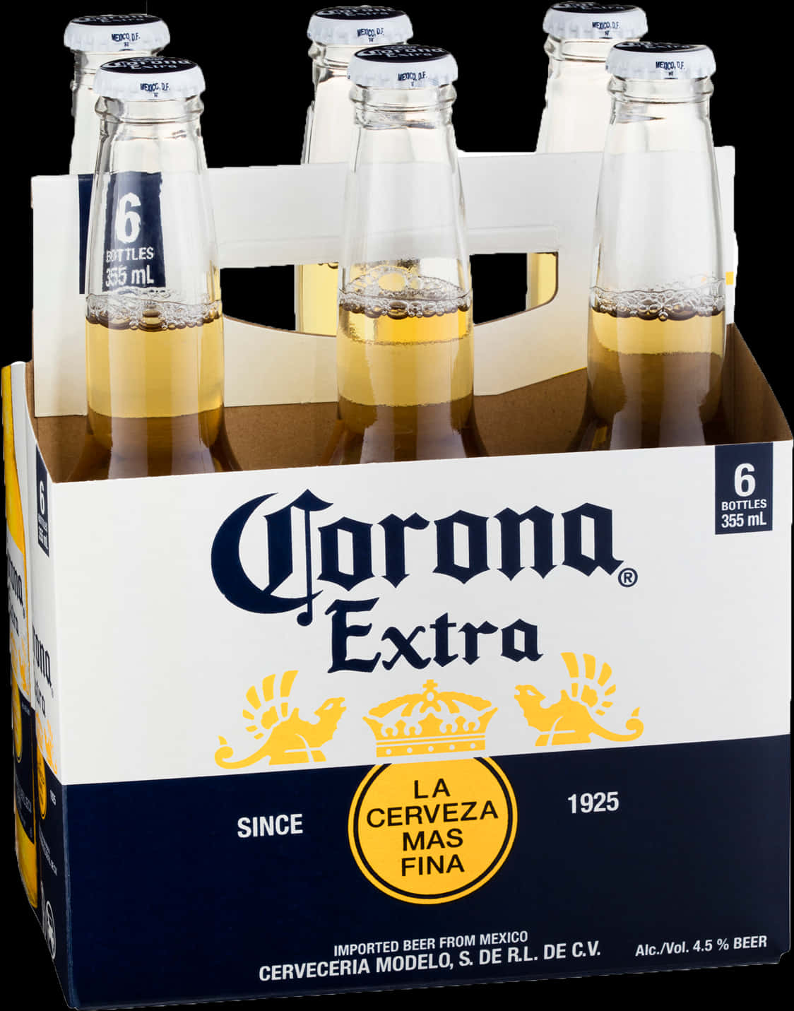 Corona Beer 桌布 壁紙 — 六罐Corona Extra啤酒，金色液體，白色瓶蓋，黑色背景。