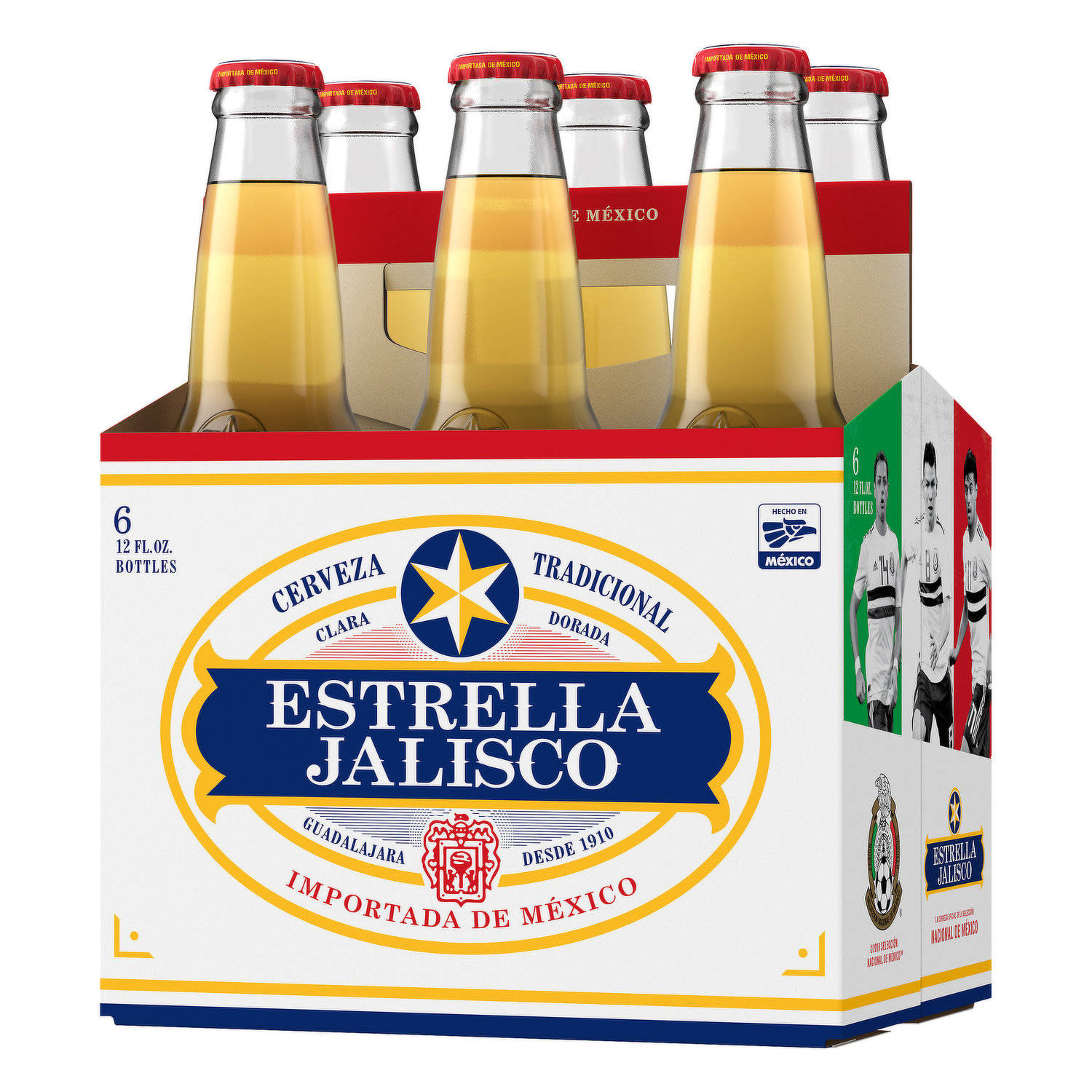 Beer 桌布 壁紙 — 六罐Estrella Jalisco啤酒，金色液體和紅色瓶蓋，置於潔白背景上。