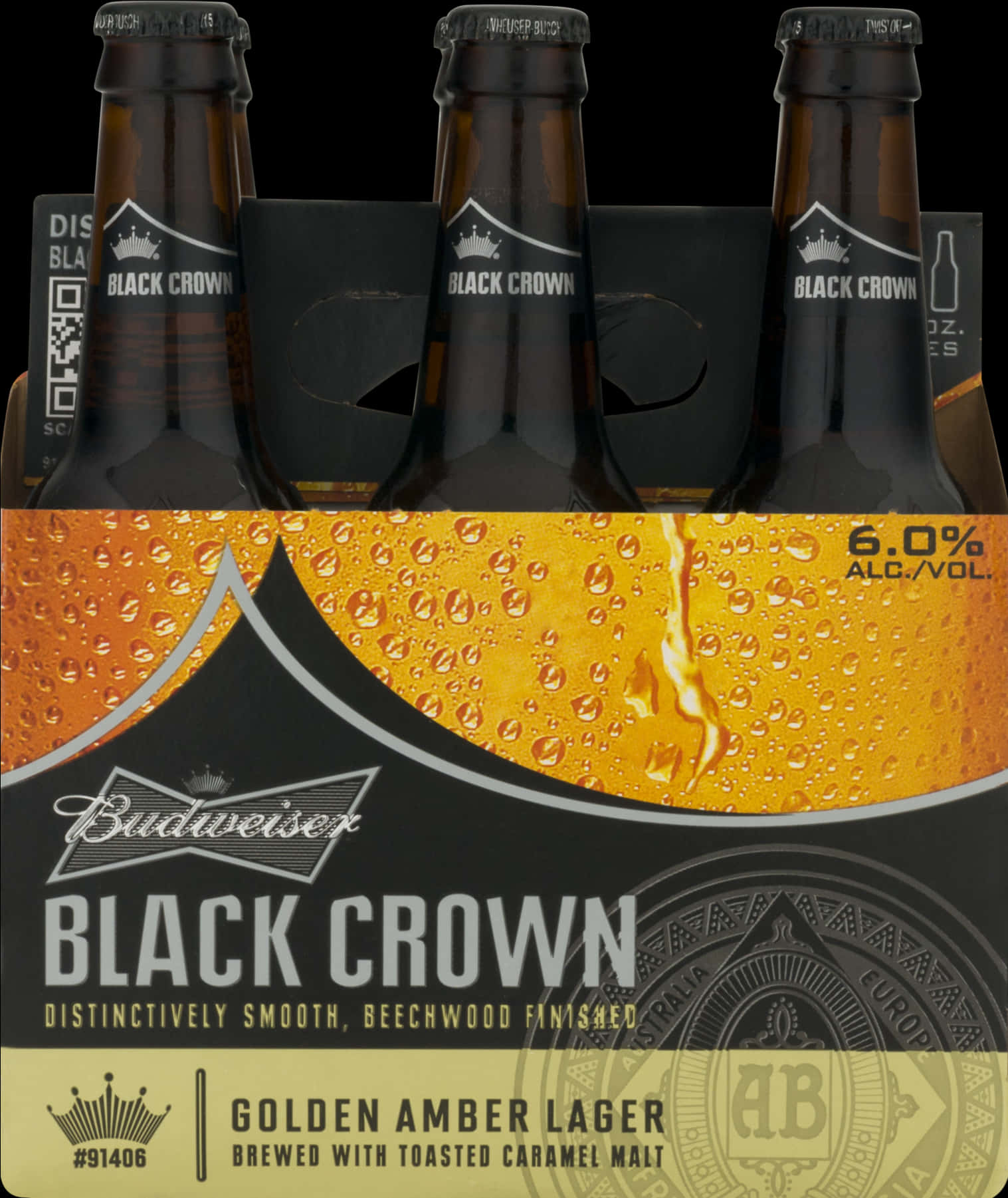 Beer 桌布 壁紙 — 六罐裝 Budweiser Black Crown 啤酒瓶，帶有金色琥珀色拉格標籤，顯示冷凝水和 6.0% 酒精含量。