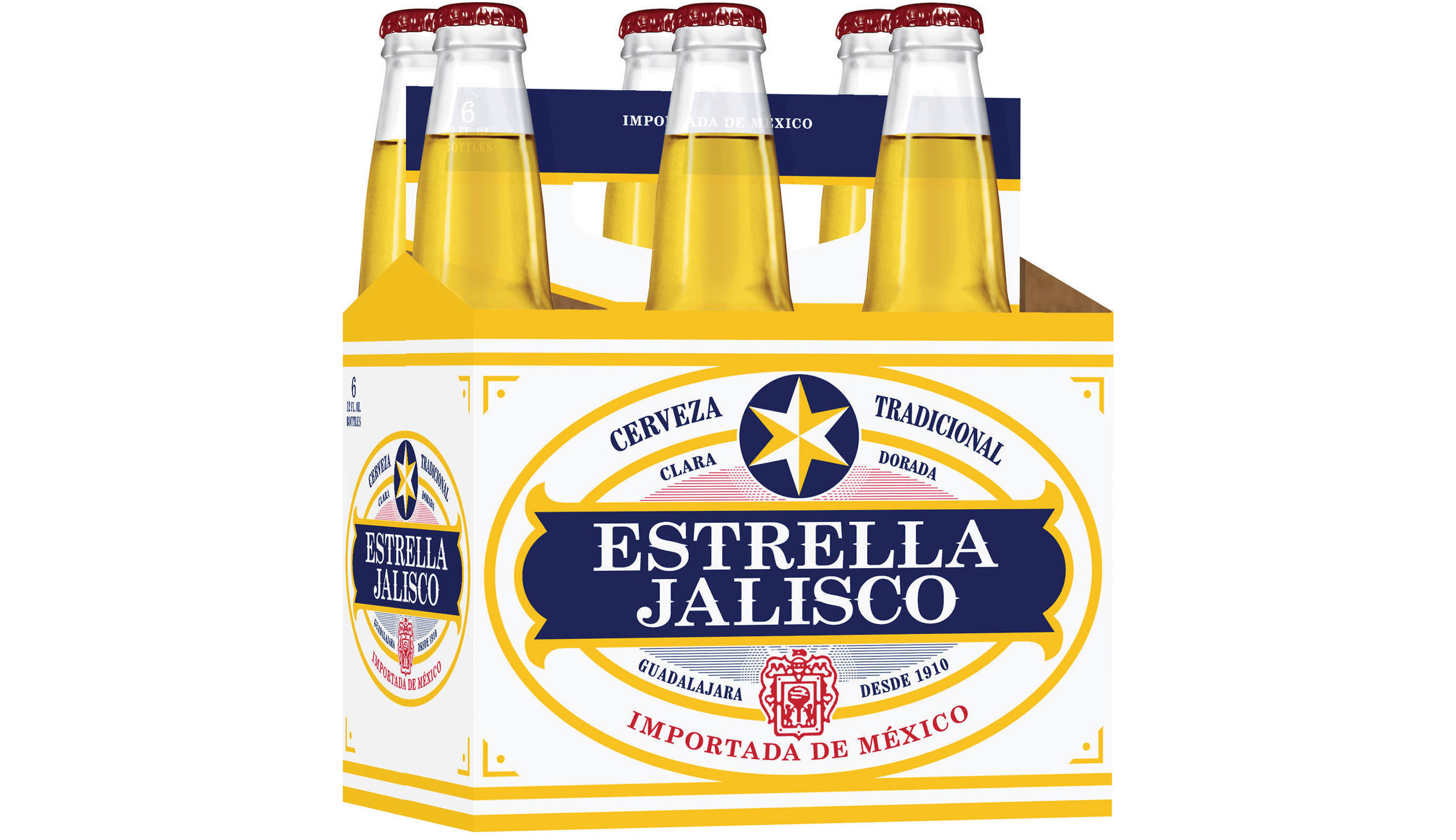 alcohol 桌布 壁紙 — 六罐裝 Estrella Jalisco 啤酒，金色液體在透明瓶中清晰可見，背景為白色。
