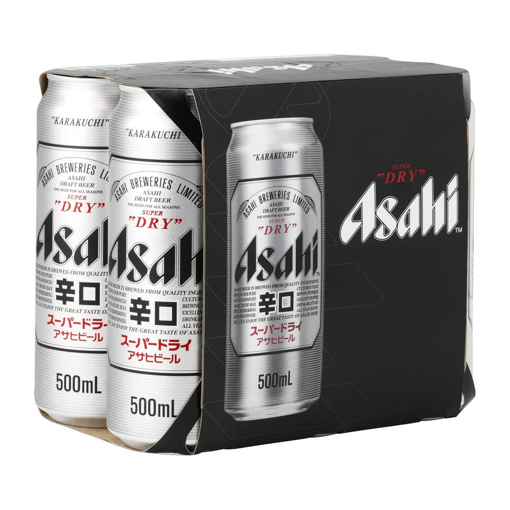 package 桌布 壁紙 — 六罐裝Asahi Super Dry啤酒，裝在時尚的黑色紙板提架中，帶有銀色和紅色品牌標誌。