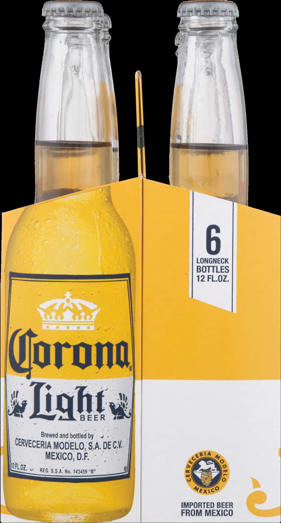 Corona Beer 桌布 壁紙 — 六罐裝Corona Light啤酒瓶，玻璃上凝結水珠，黑色背景。