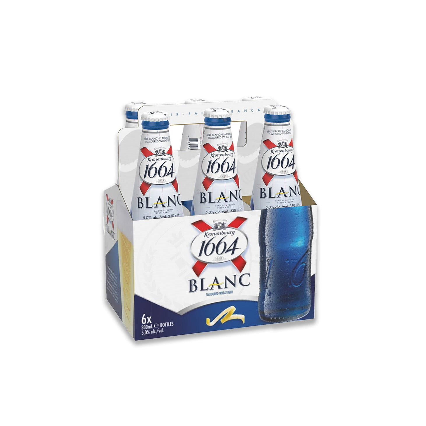 Beer 桌布 壁紙 — 六罐裝Kronenbourg 1664 Blanc啤酒，放在白色和藍色紙板托架上，其中一瓶有冷凝水。