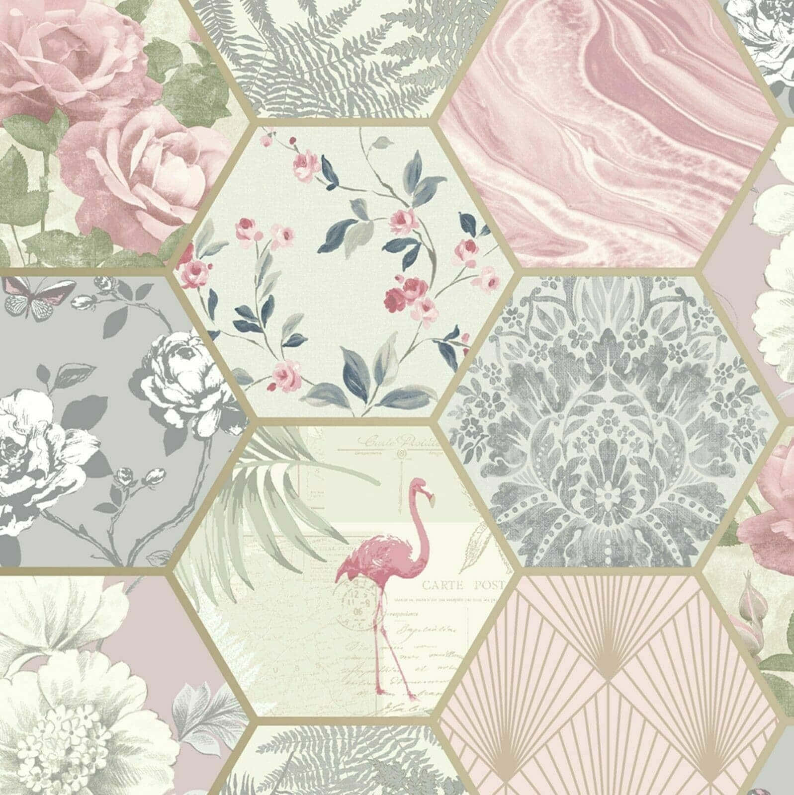 Grey And Pink 桌布 壁紙 — 六角形壁紙拼貼，帶有花卉玫瑰、蕨類植物、火烈鳥和大理石圖案，採用柔和的粉紅色、灰色和奶油色調。