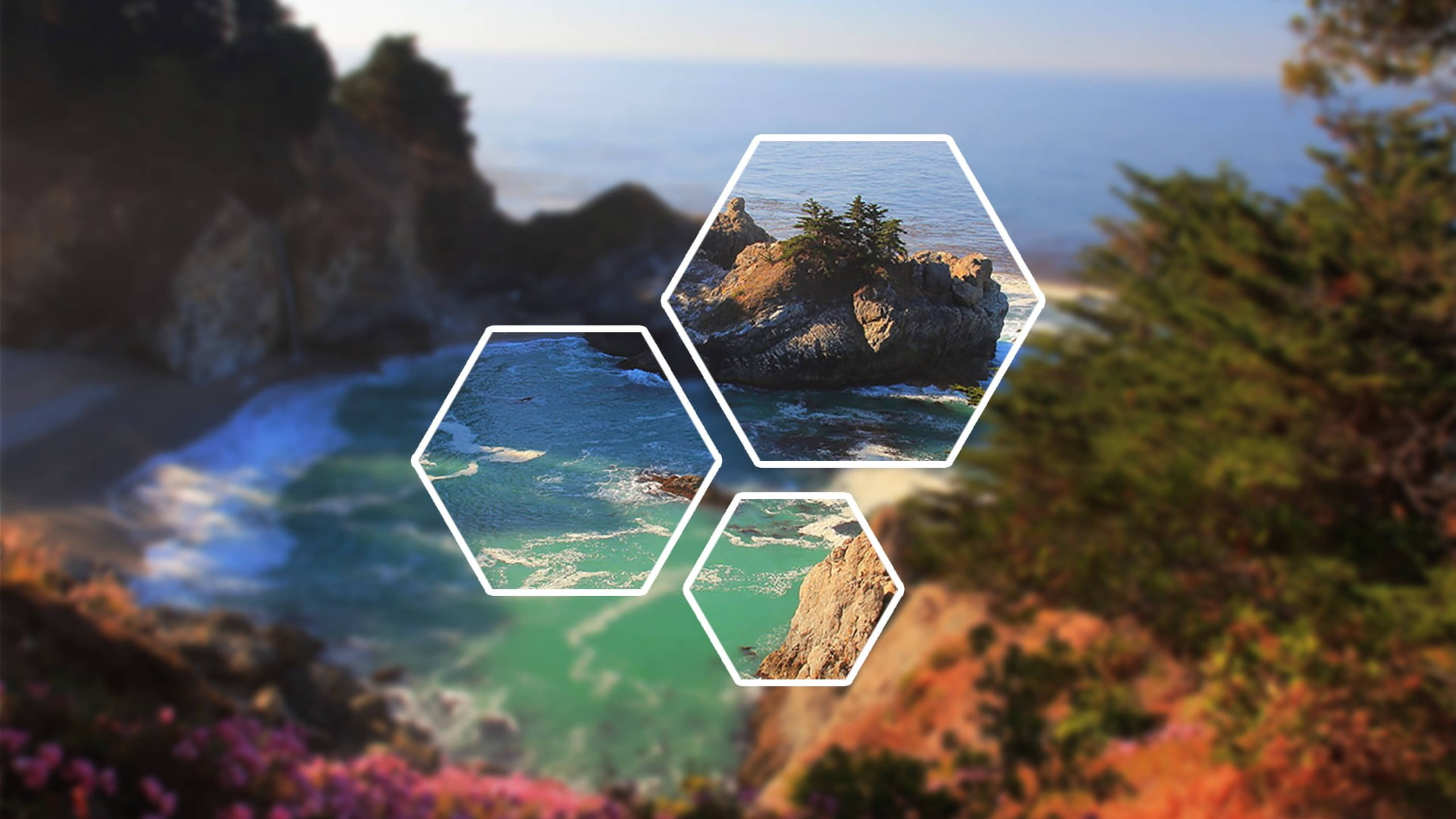 Polyscape 桌布 壁紙 — 六角形框架突出岩石海岸線和碧綠海水，背景是模糊的海洋和秋葉。