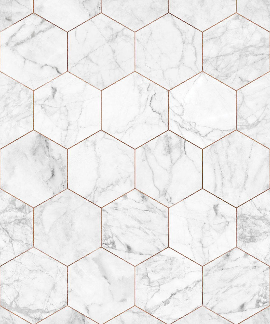 White Marble 桌布 壁紙 — 六角形白色大理石瓷磚搭配玫瑰金填縫線，營造出奢華的幾何圖案。