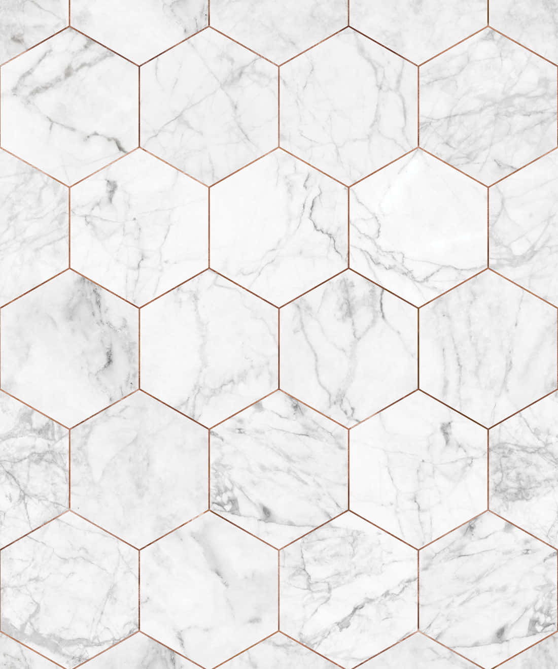 Tile 桌布 壁紙 — 六角形白色大理石瓷磚搭配玫瑰金邊框，打造現代奢華圖案。