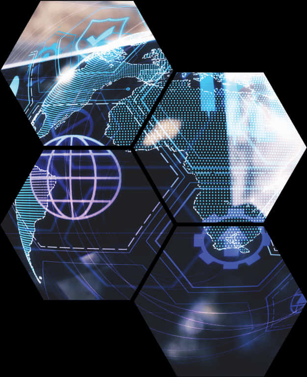 hexagons 桌布 壁紙 — 六角形面板在深色背景上顯示發光的藍色數位地圖和技術圖標。